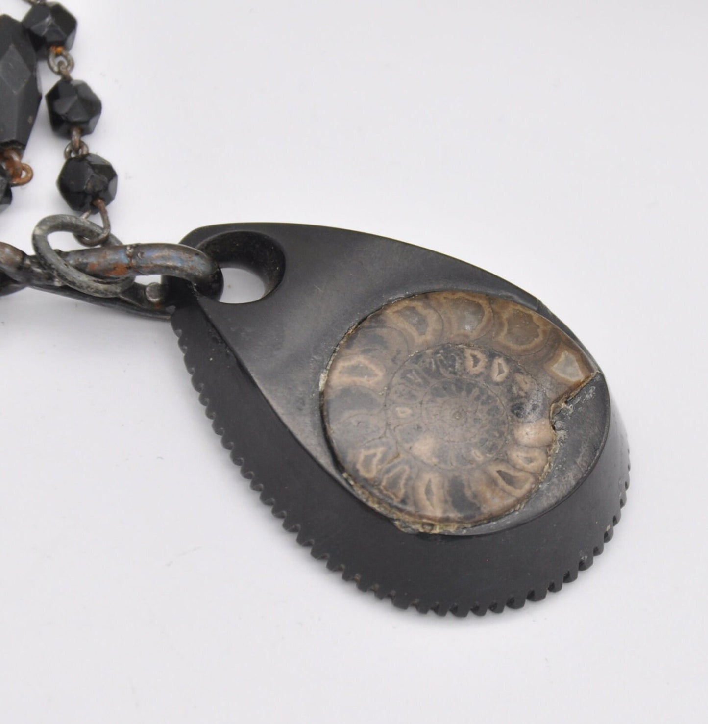 Antique Victorian Jet and Fossil Ammonite Pendant on a Long French Jet Guard Chain | Muff Chain