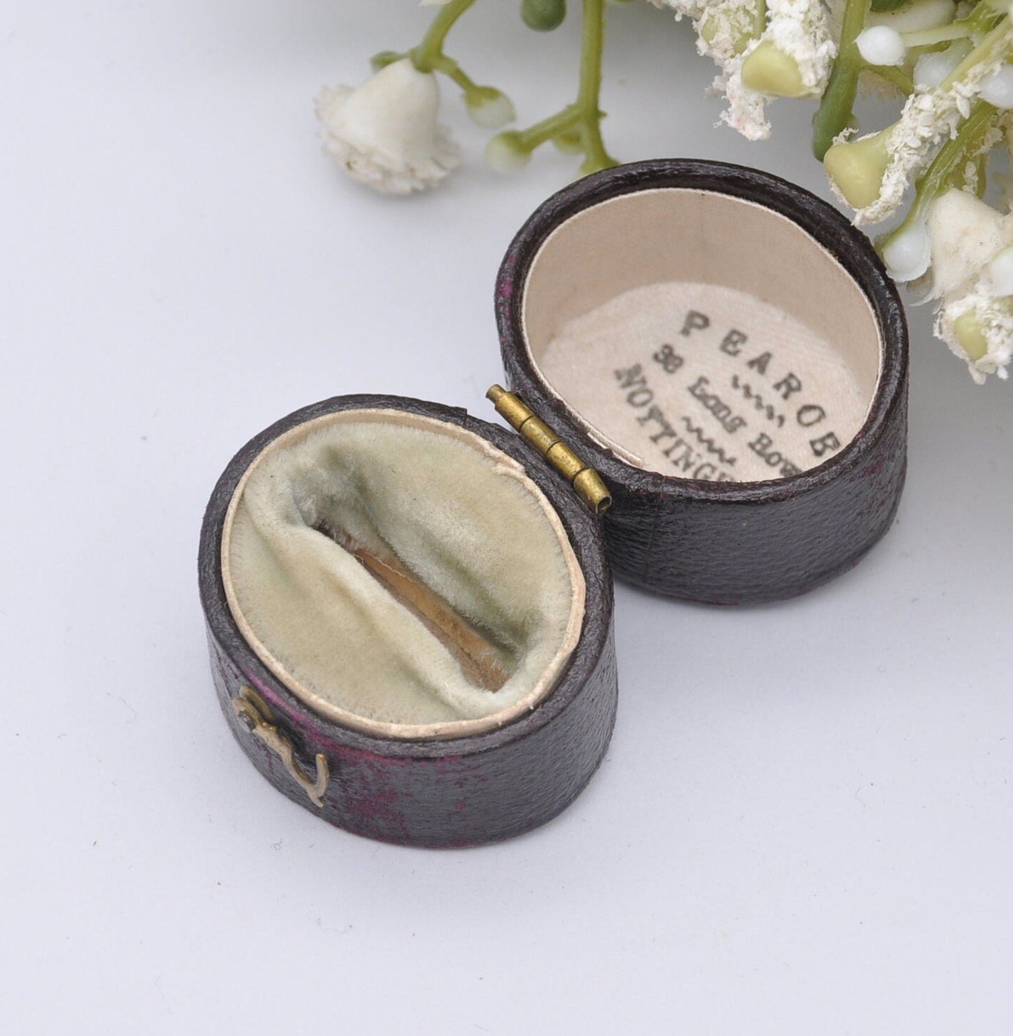 Antique Leather Oval Ring Box with Clasp Front - Pearce Nottingham Jewellers | Silk and Velvet Lined