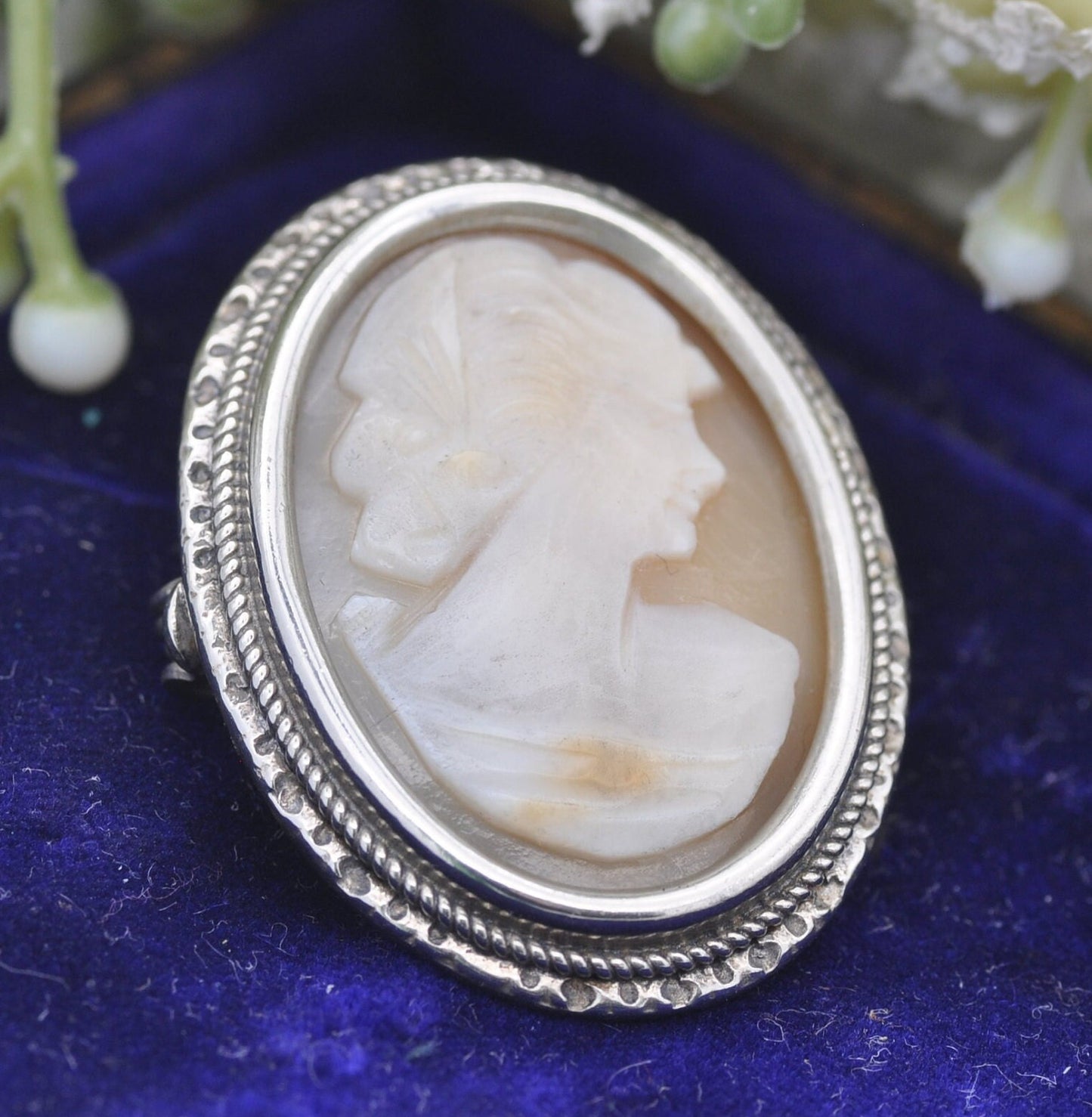 Vintage Silver Cameo Brooch or Pendant - Carved Shell Profile Portrait