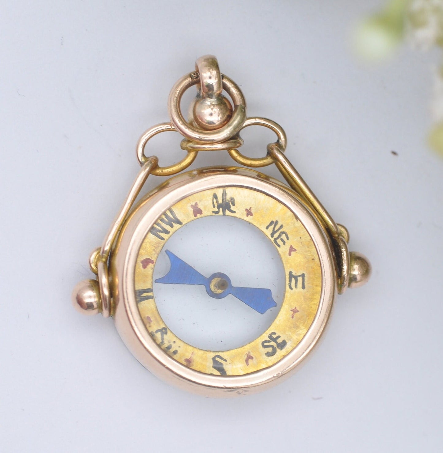 Antique 9ct Gold Compass Fob Pendant with Hand Written Rose - Edwardian 1908