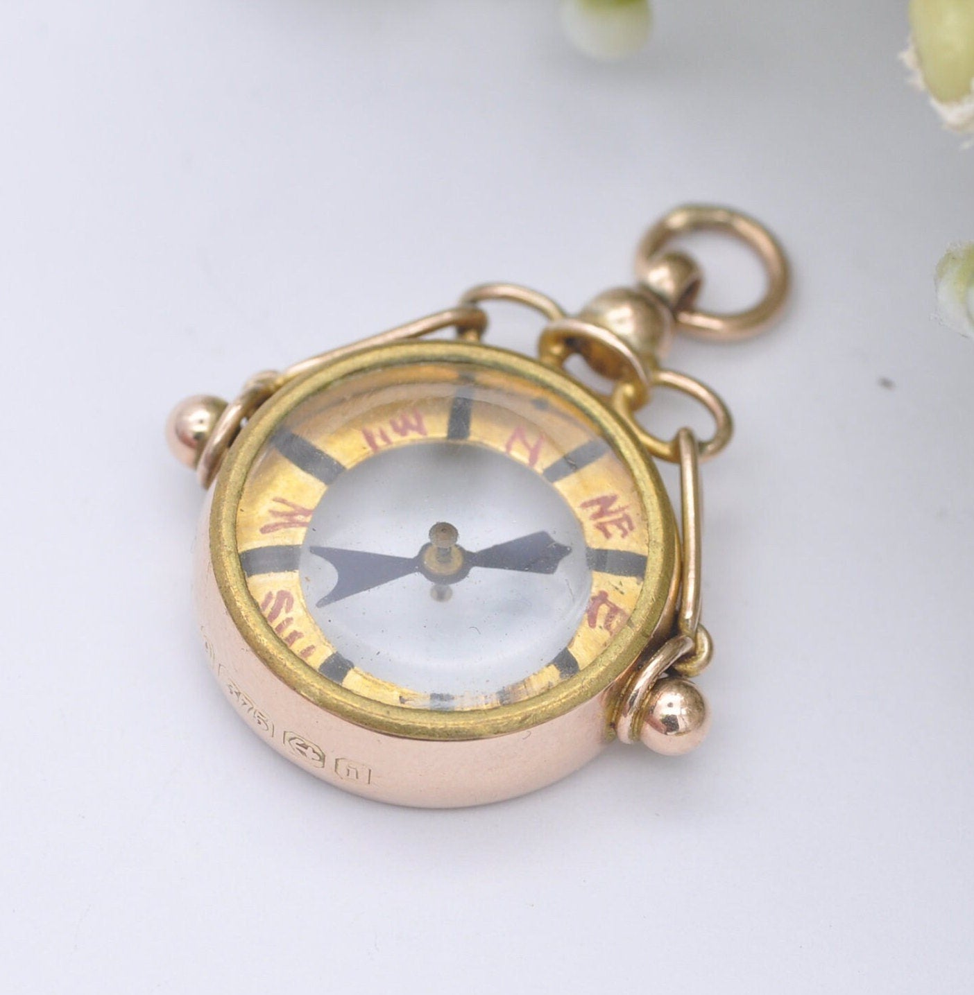 Antique 9ct Gold Compass Fob Pendant with Hand Written Rose - Edwardian 1908