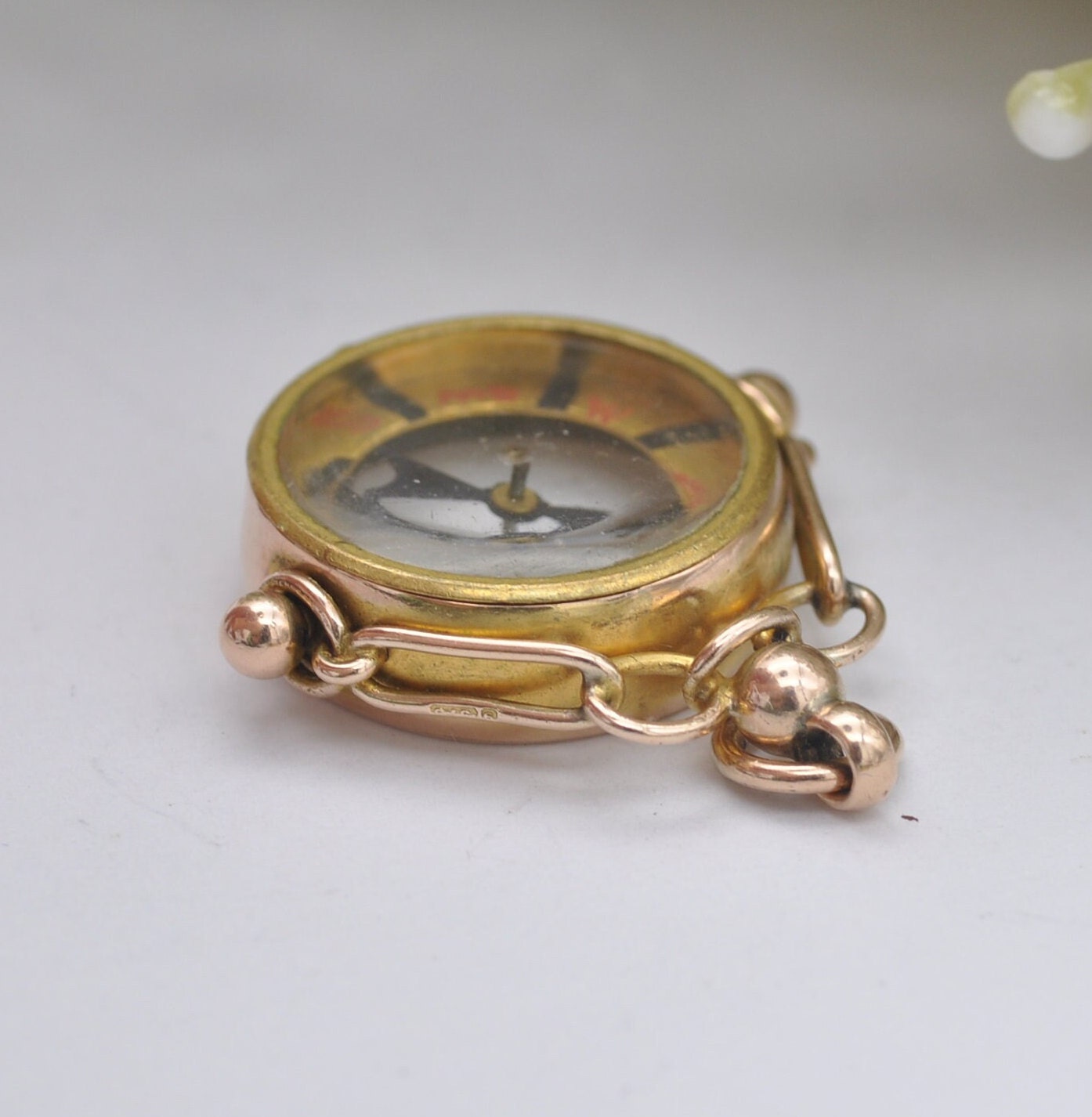 Antique 9ct Gold Compass Fob Pendant with Hand Written Rose - Edwardian 1908