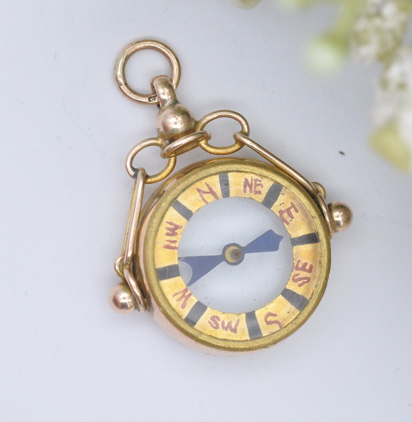 Antique 9ct Gold Compass Fob Pendant with Hand Written Rose - Edwardian 1908