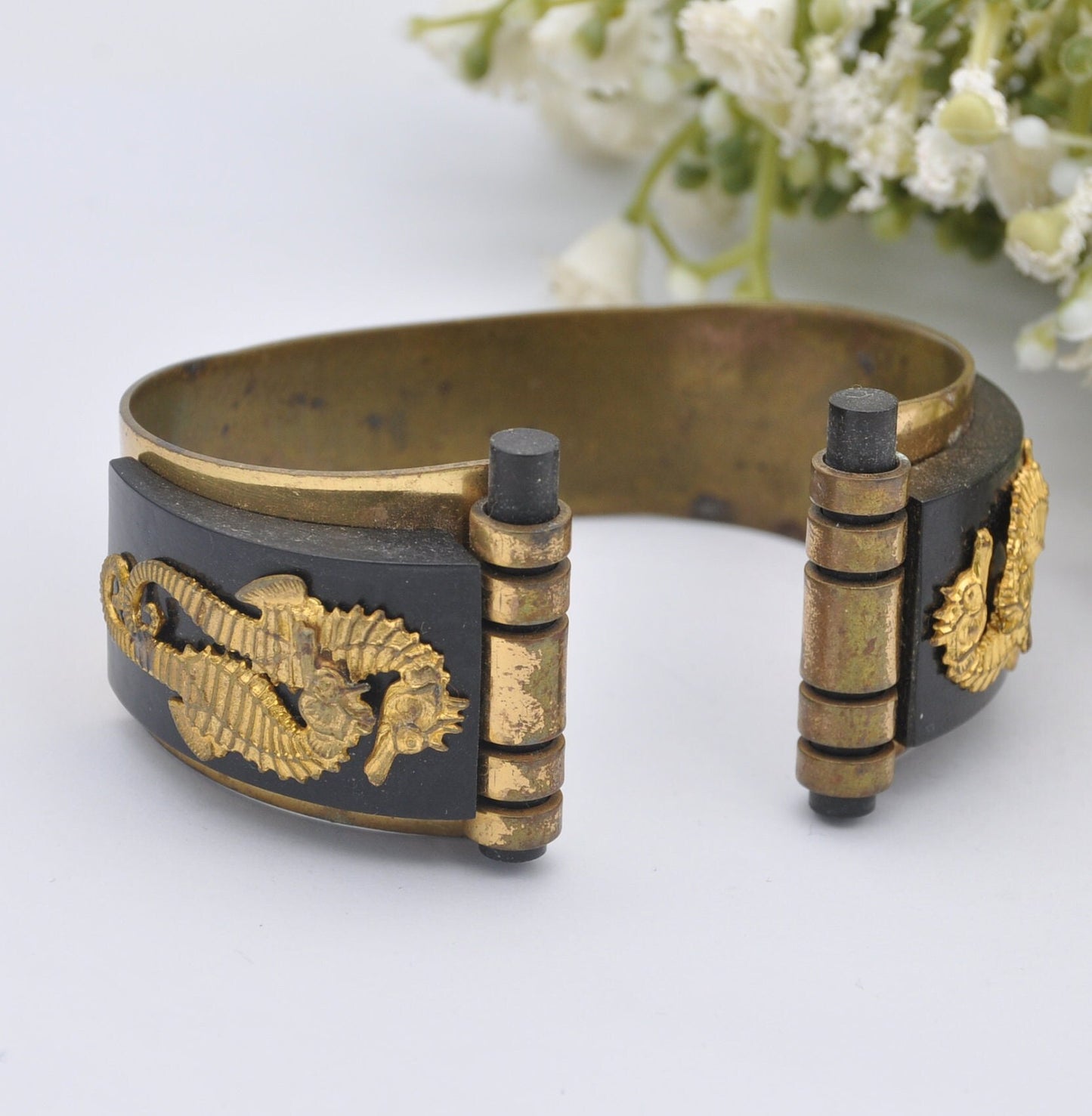 Vintage Jean Painlevé Seahorse Bangle Bracelet - Art Deco L’Hippocampe Jewellery | Galalith Early Plastic