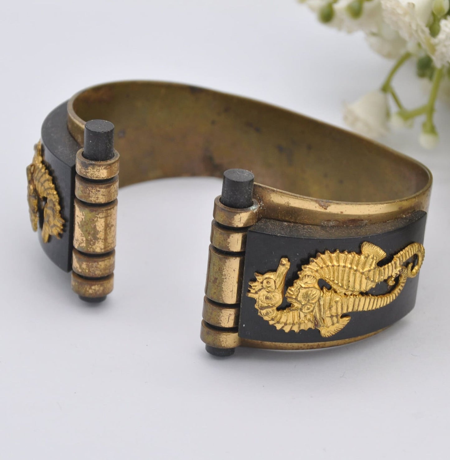 Vintage Jean Painlevé Seahorse Bangle Bracelet - Art Deco L’Hippocampe Jewellery | Galalith Early Plastic