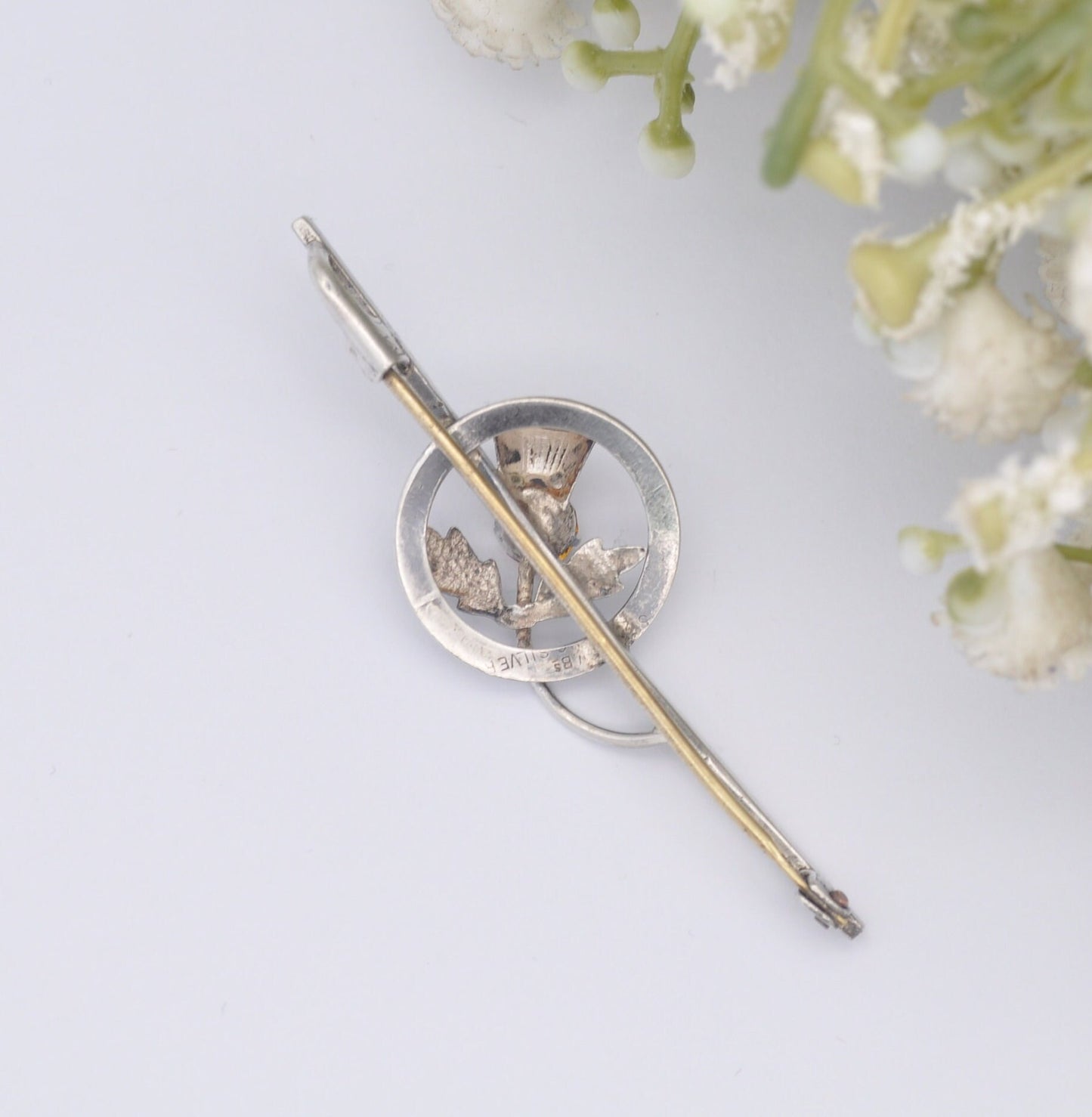 Antique Ward Brothers Scottish Sterling Silver Thistle Bar Brooch - Orange Paste | Floral Wreath