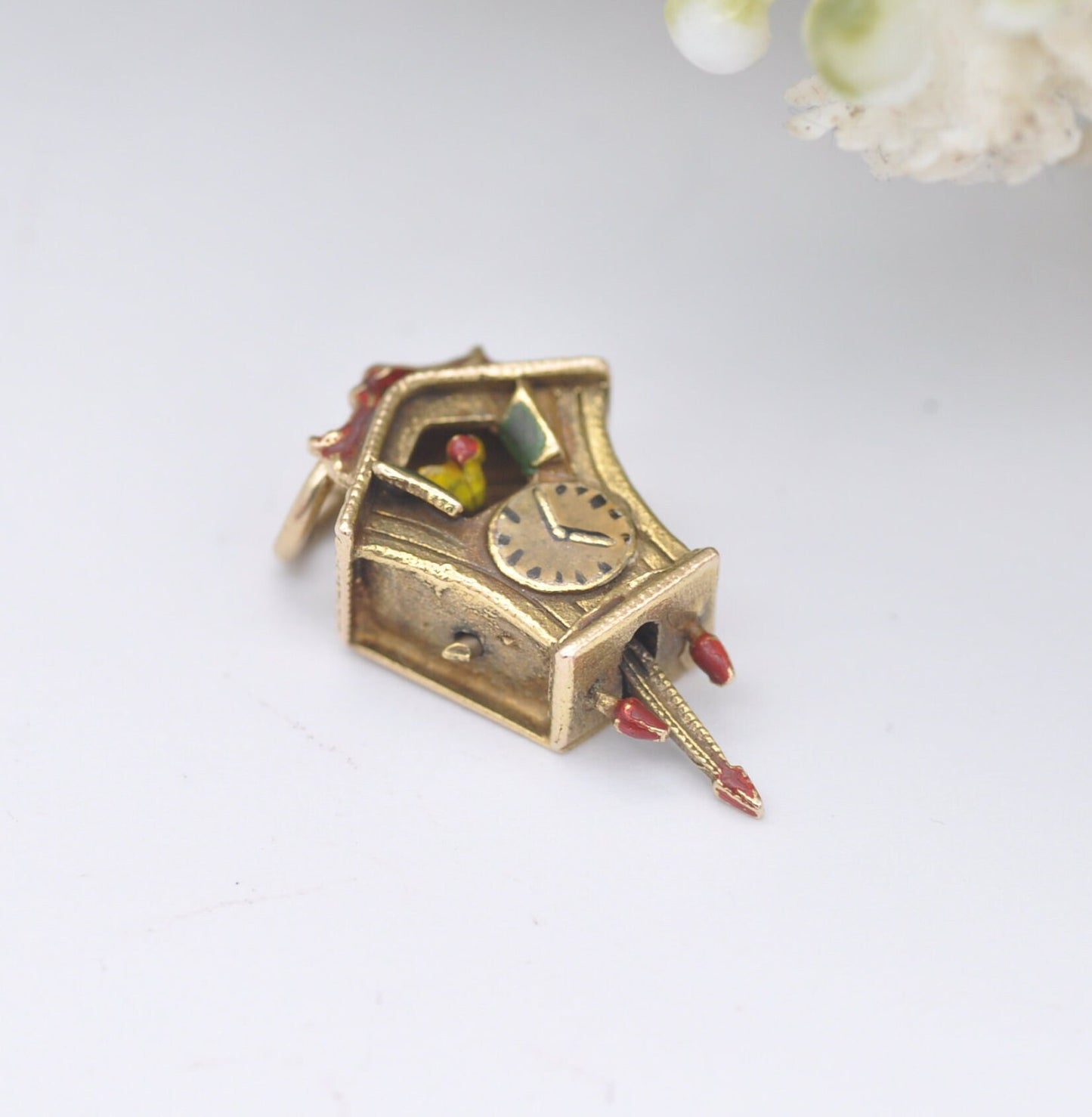 Vintage 9ct Gold Enamel Cuckoo Clock Charm Pendant with Articulated Moving Bird and Pendulum