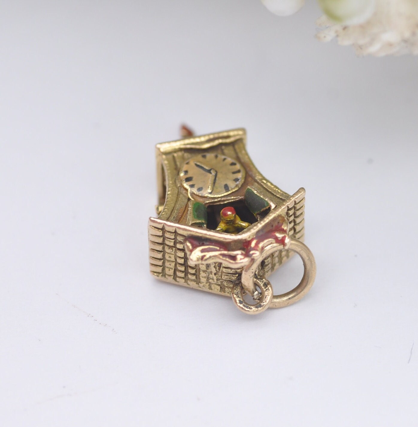 Vintage 9ct Gold Enamel Cuckoo Clock Charm Pendant with Articulated Moving Bird and Pendulum