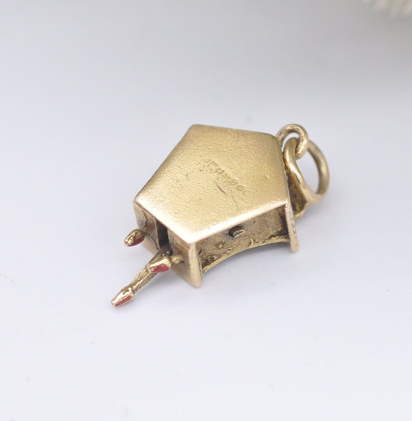 Vintage 9ct Gold Enamel Cuckoo Clock Charm Pendant with Articulated Moving Bird and Pendulum