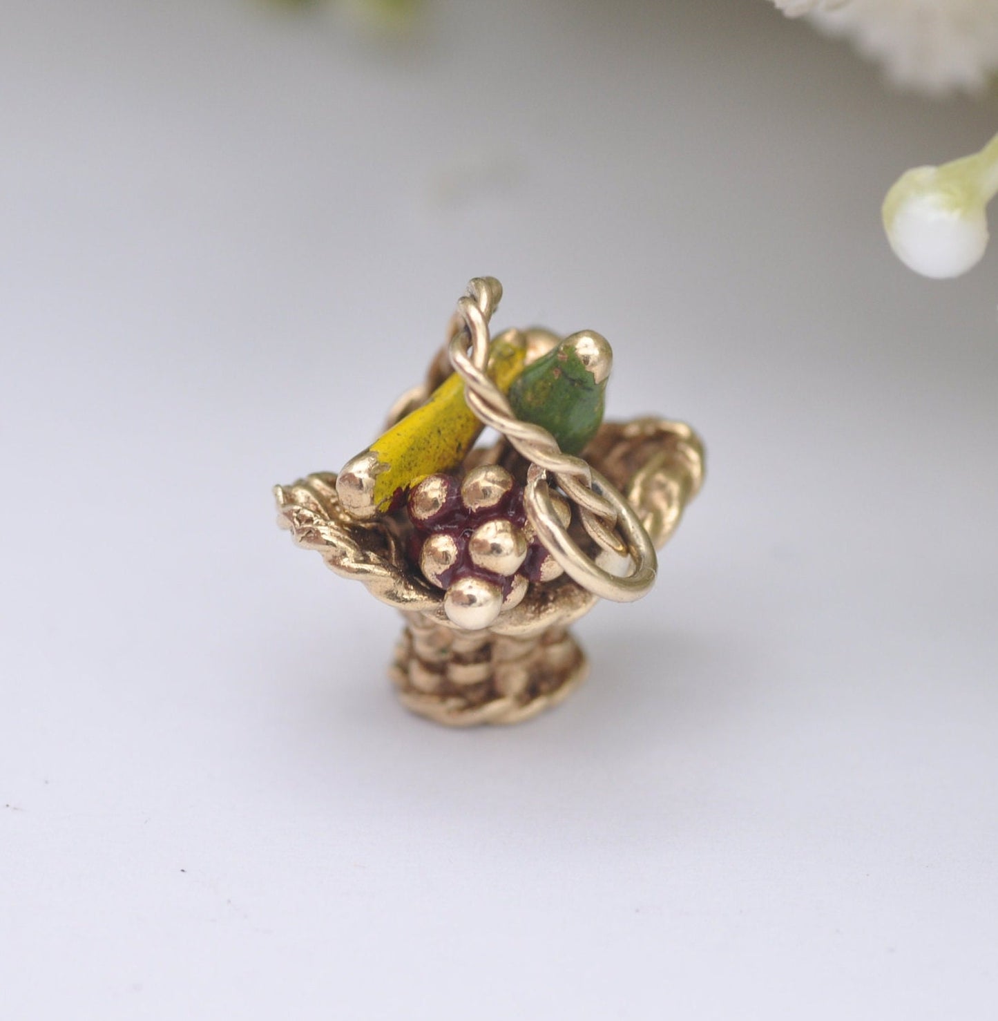 Vintage 9ct Gold Fruit Basket Charm Pendant 1971 - Enamel Fruit Charm