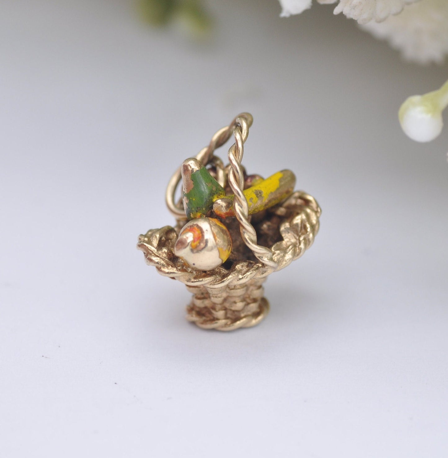 Vintage 9ct Gold Fruit Basket Charm Pendant 1971 - Enamel Fruit Charm