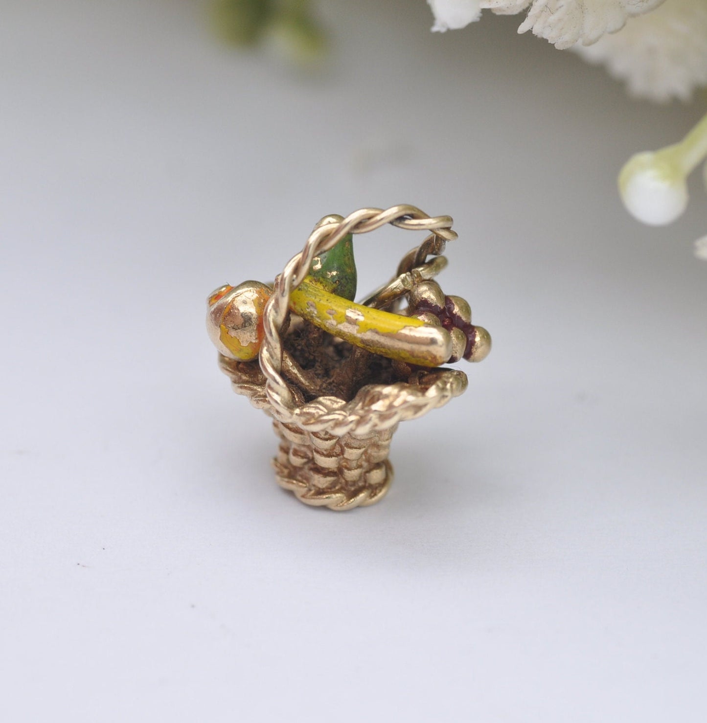 Vintage 9ct Gold Fruit Basket Charm Pendant 1971 - Enamel Fruit Charm