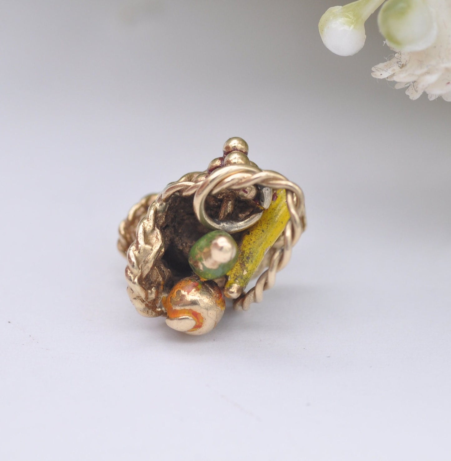 Vintage 9ct Gold Fruit Basket Charm Pendant 1971 - Enamel Fruit Charm