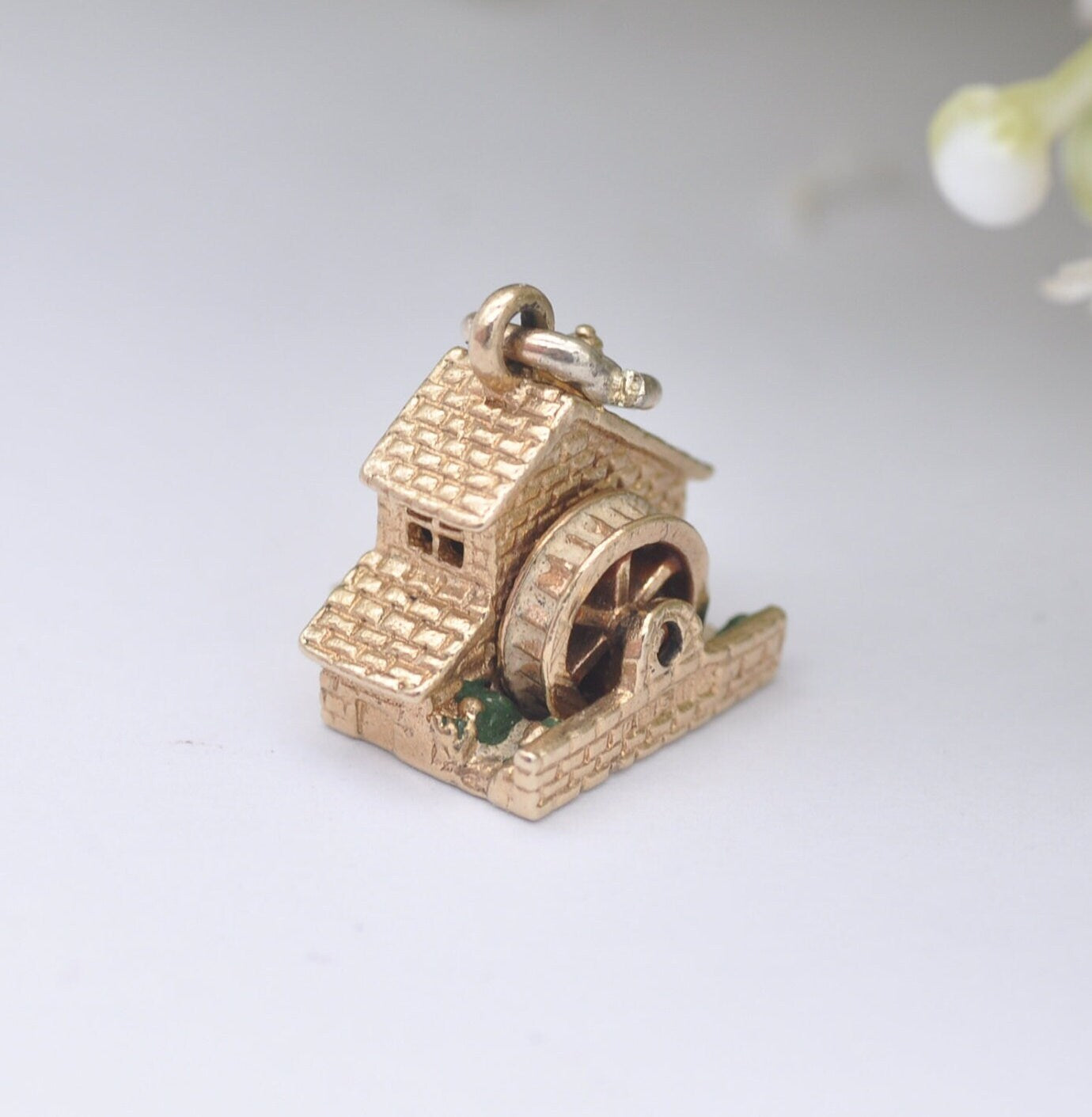 Vintage 9ct Gold Watermill Charm Pendant 1972 - with Spinning Wheel