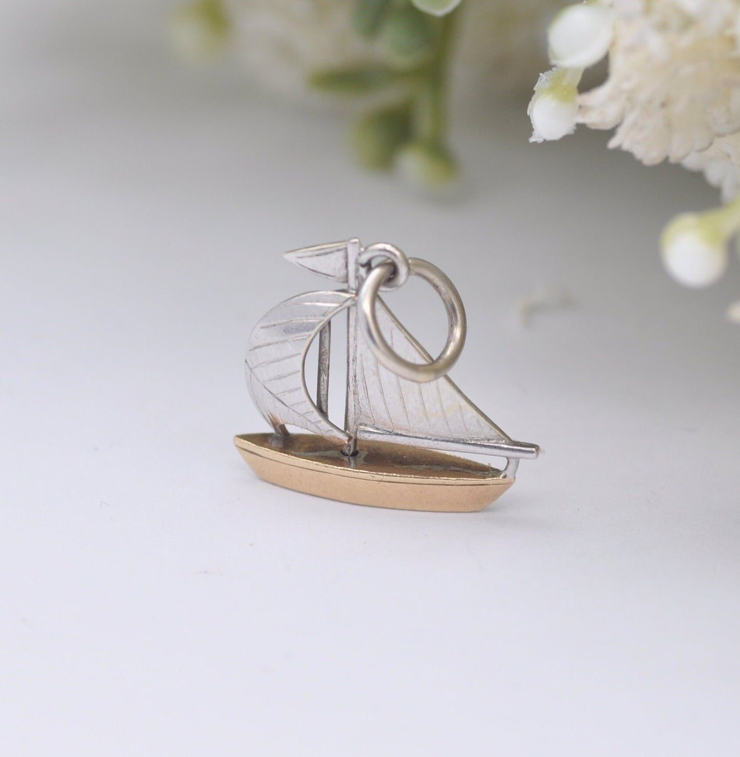 Vintage 9ct Gold Boat Charm Pendant 1976 - Yellow Gold and White Gold Sails | Yacht Sailing Boat