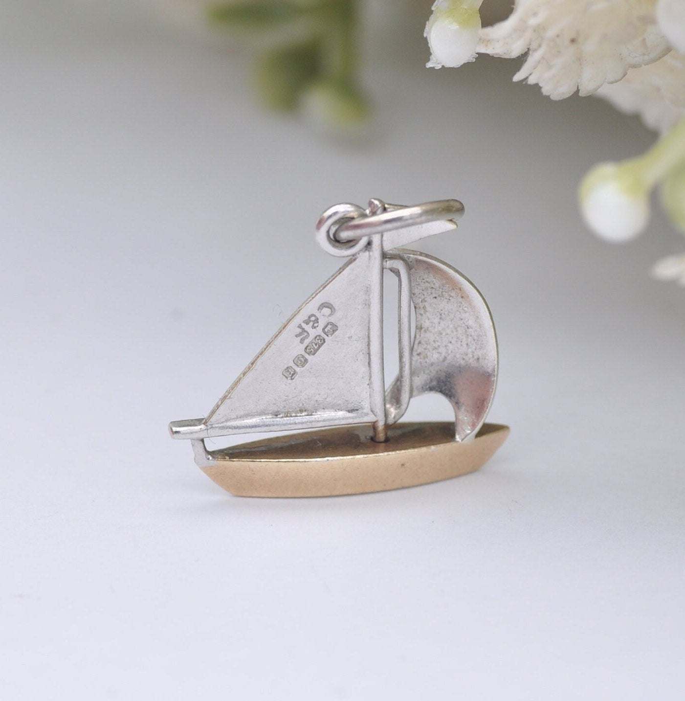 Vintage 9ct Gold Boat Charm Pendant 1976 - Yellow Gold and White Gold Sails | Yacht Sailing Boat