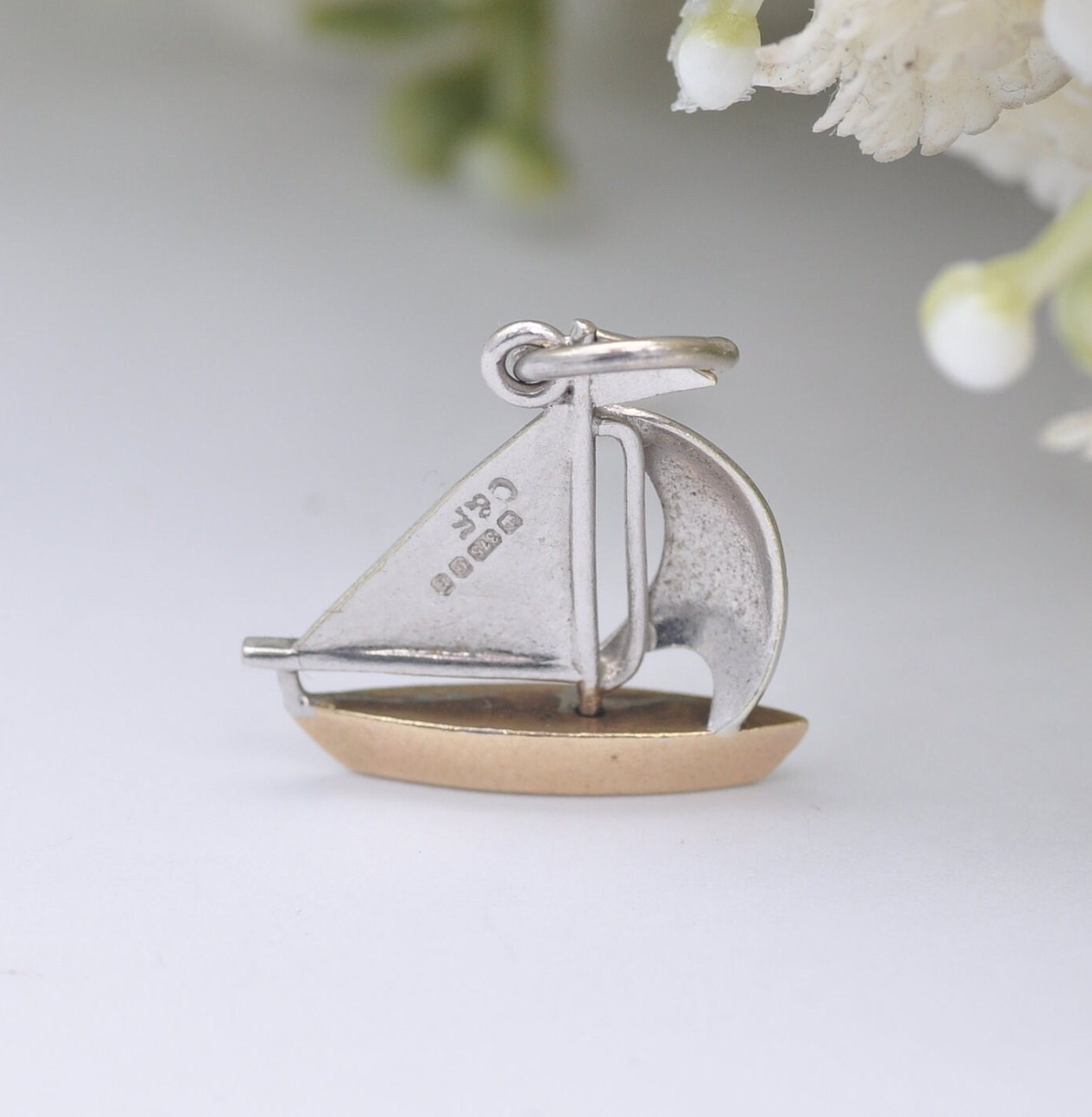 Vintage 9ct Gold Boat Charm Pendant 1976 - Yellow Gold and White Gold Sails | Yacht Sailing Boat