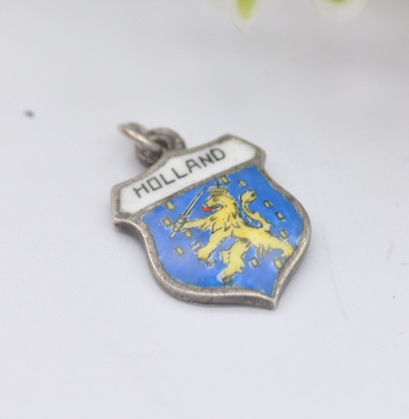 Vintage Silver Enamel Holland Souvenir Shield Charm Pendant - Netherlands Tourist Charm