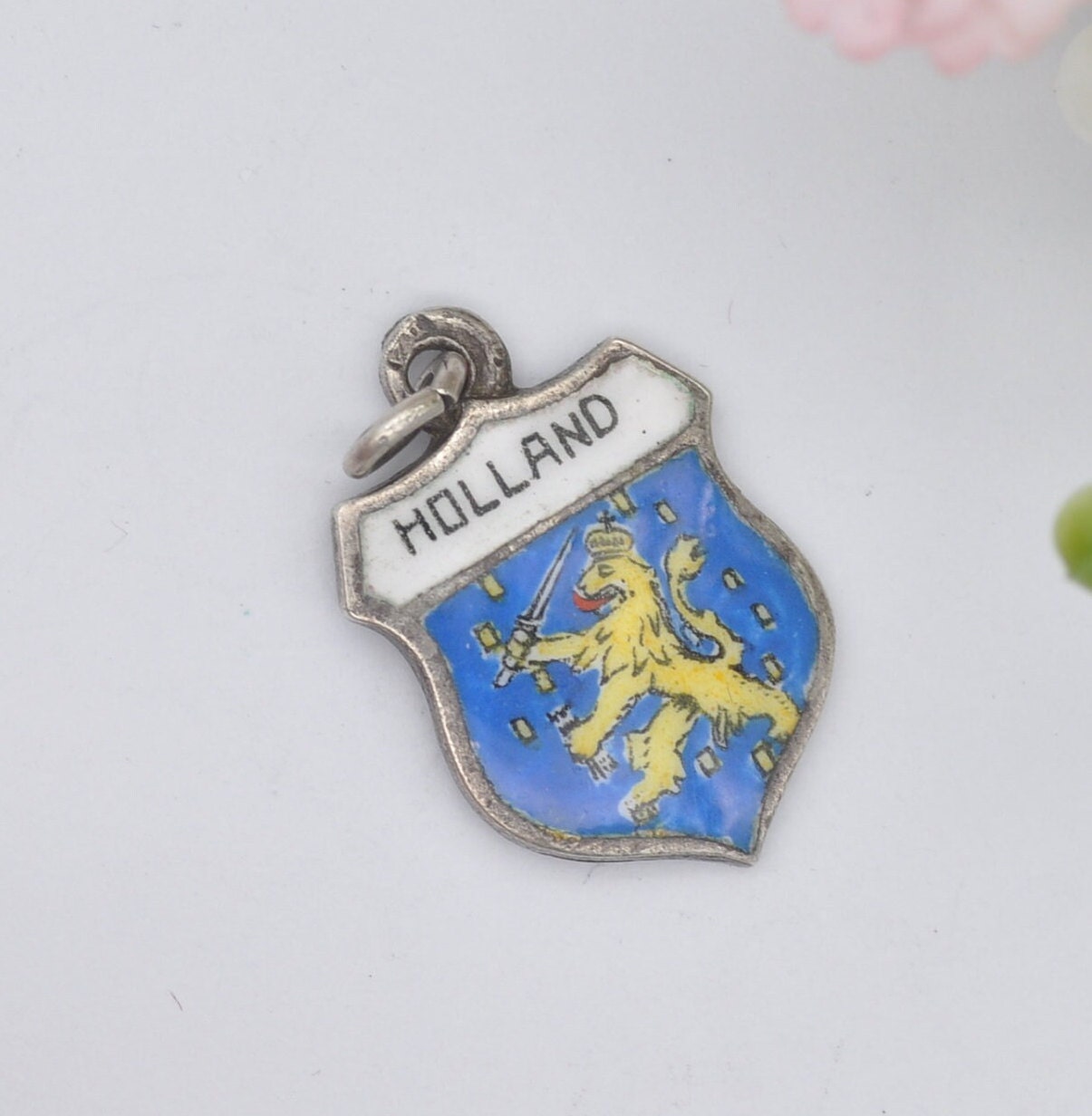Vintage Silver Enamel Holland Souvenir Shield Charm Pendant - Netherlands Tourist Charm