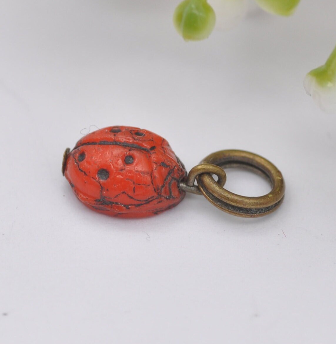 Antique Glass Ladybird Ladybug Charm Pendant - Novelty Vintage Insect Jewellery