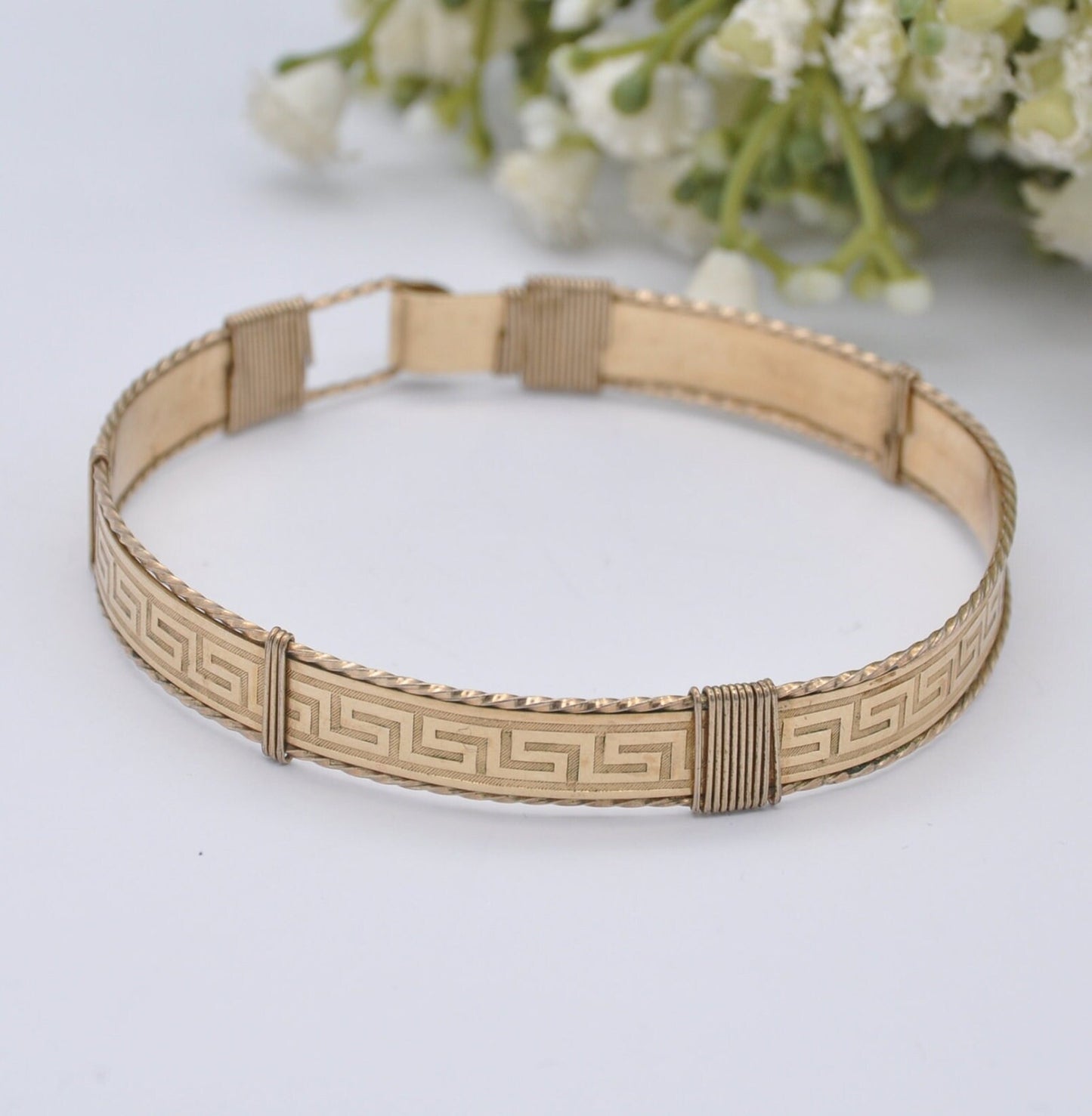 Vintage Rolled Gold Bangle Bracelet with Greek Key Meander Pattern