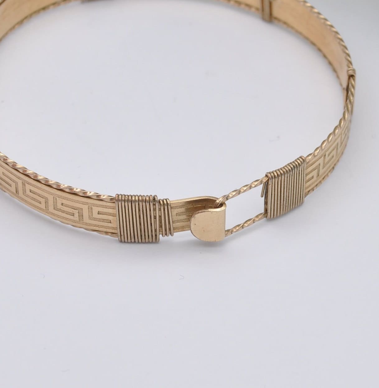 Vintage Rolled Gold Bangle Bracelet with Greek Key Meander Pattern