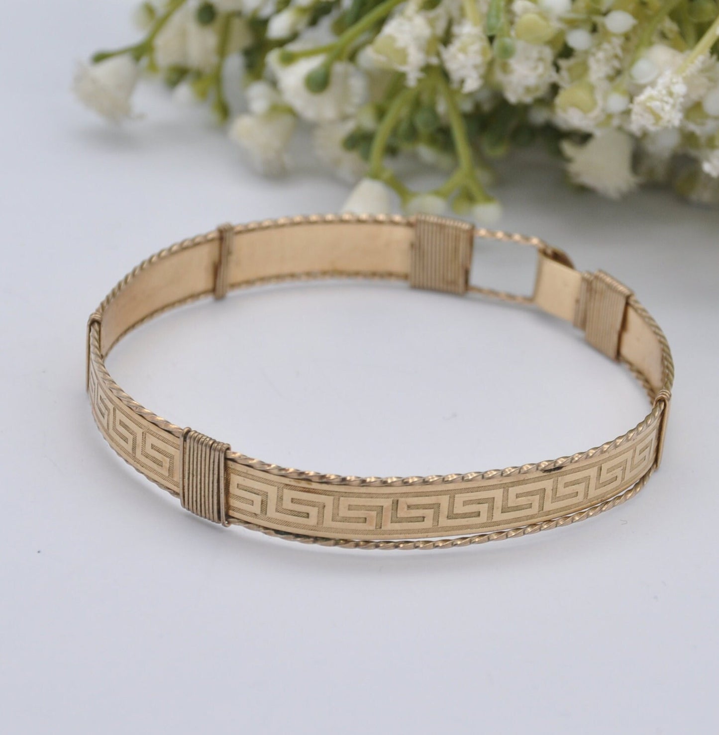 Vintage Rolled Gold Bangle Bracelet with Greek Key Meander Pattern