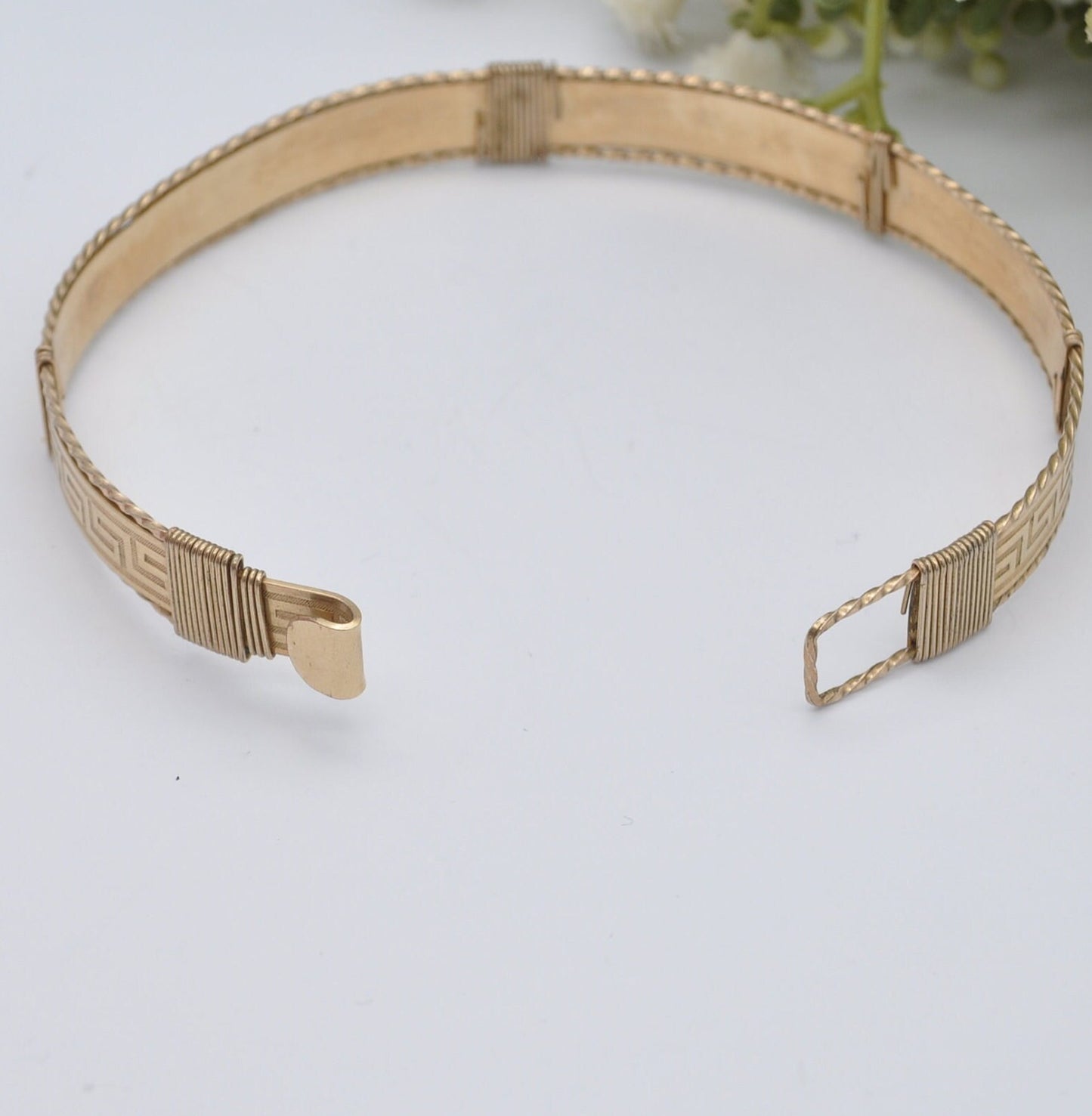 Vintage Rolled Gold Bangle Bracelet with Greek Key Meander Pattern