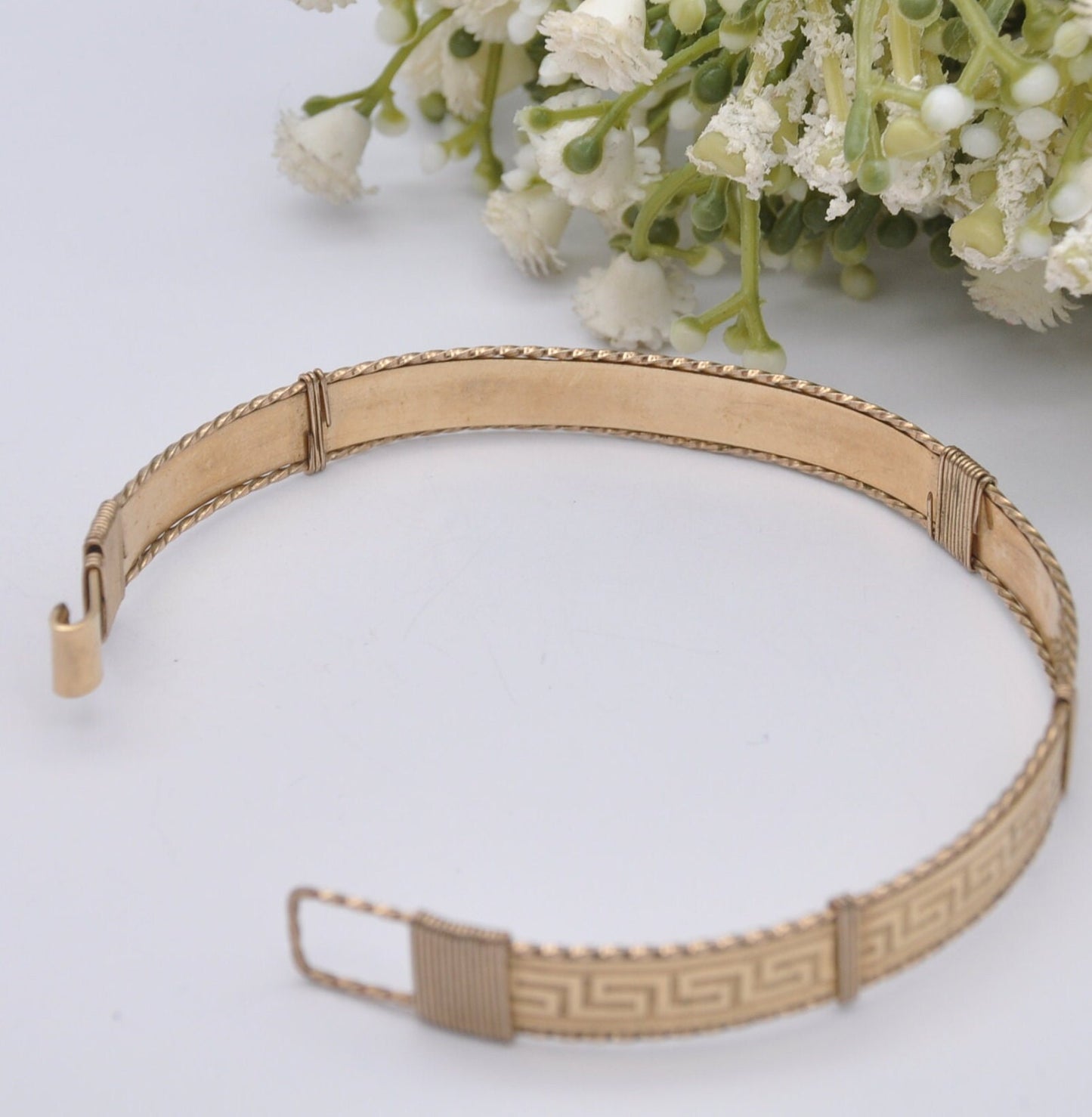 Vintage Rolled Gold Bangle Bracelet with Greek Key Meander Pattern