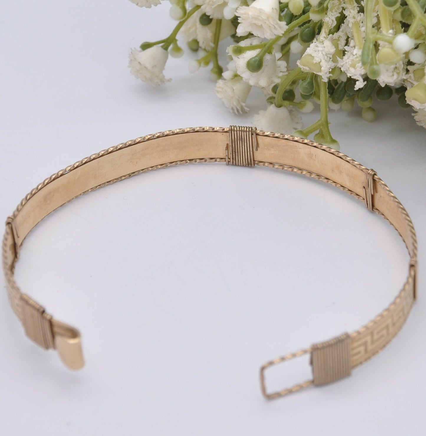 Vintage Rolled Gold Bangle Bracelet with Greek Key Meander Pattern