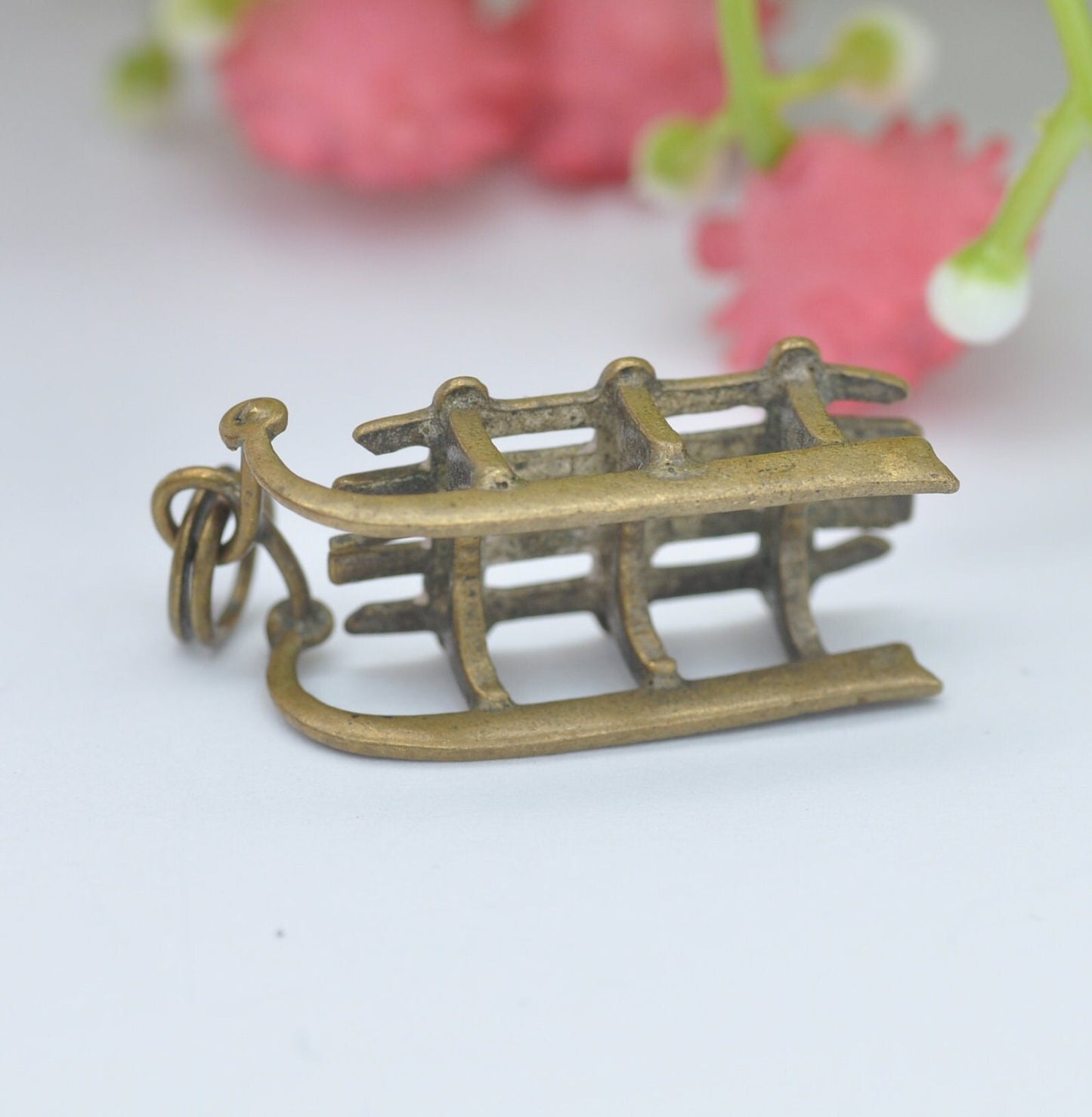 Antique Brass Sleigh Sledge Charm Pendant - Unusual Novelty Christmas Jewellery