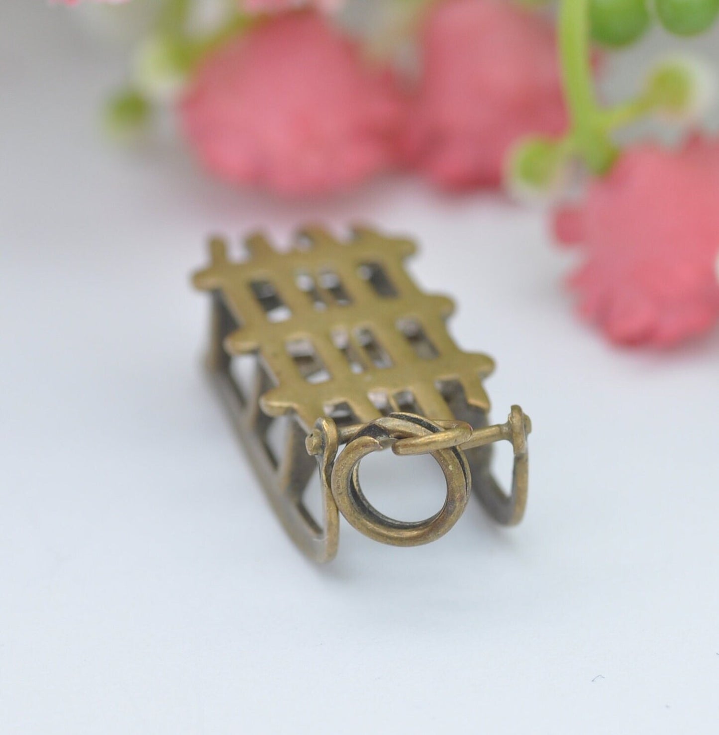 Antique Brass Sleigh Sledge Charm Pendant - Unusual Novelty Christmas Jewellery