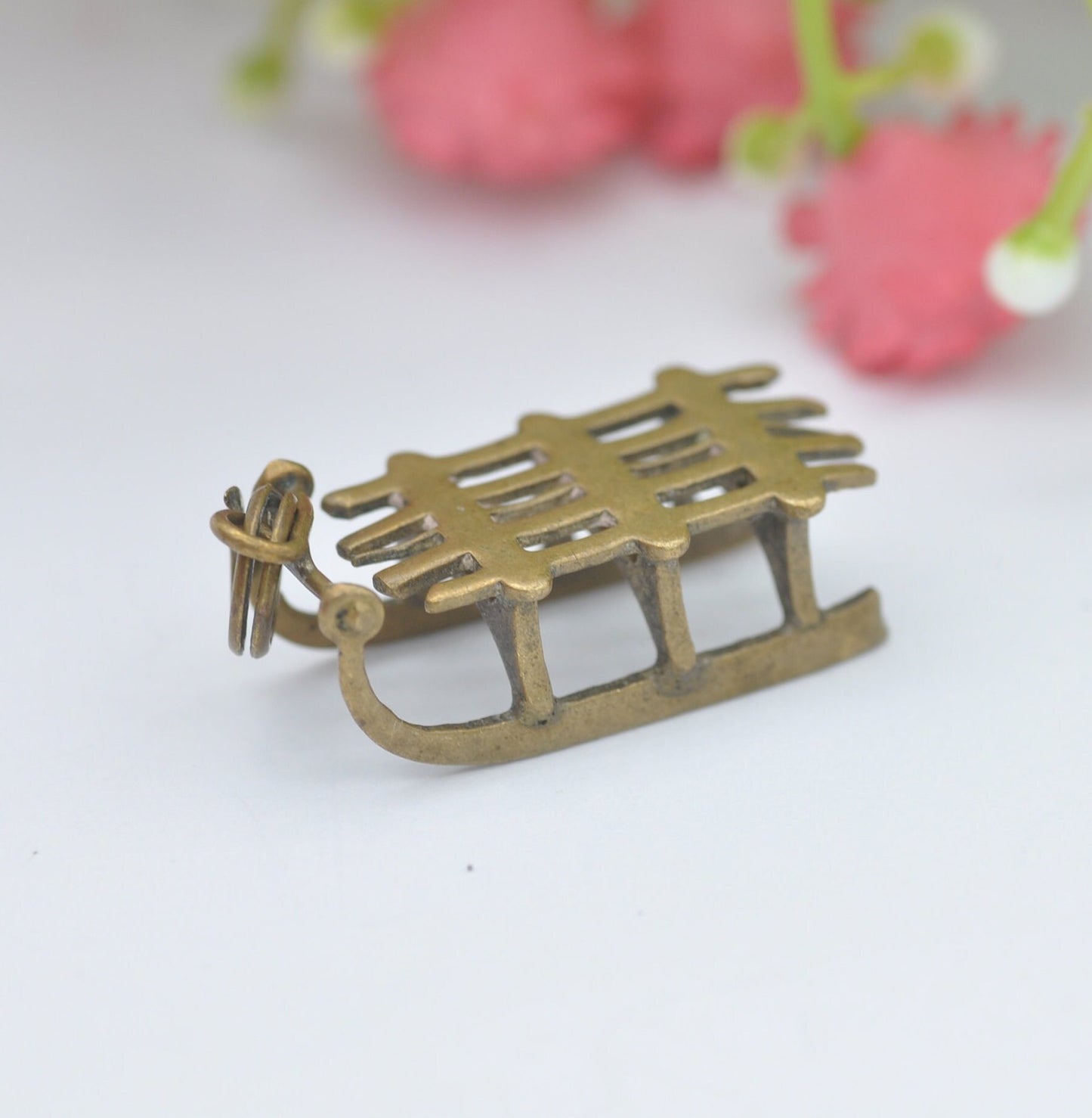 Antique Brass Sleigh Sledge Charm Pendant - Unusual Novelty Christmas Jewellery