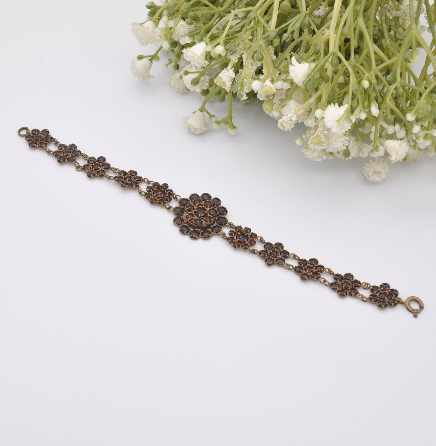 Antique Red Paste Flower Bracelet - Czech Rose Cut Glass Floral Panel Bracelet | Victorian Bohemian Garnet Style
