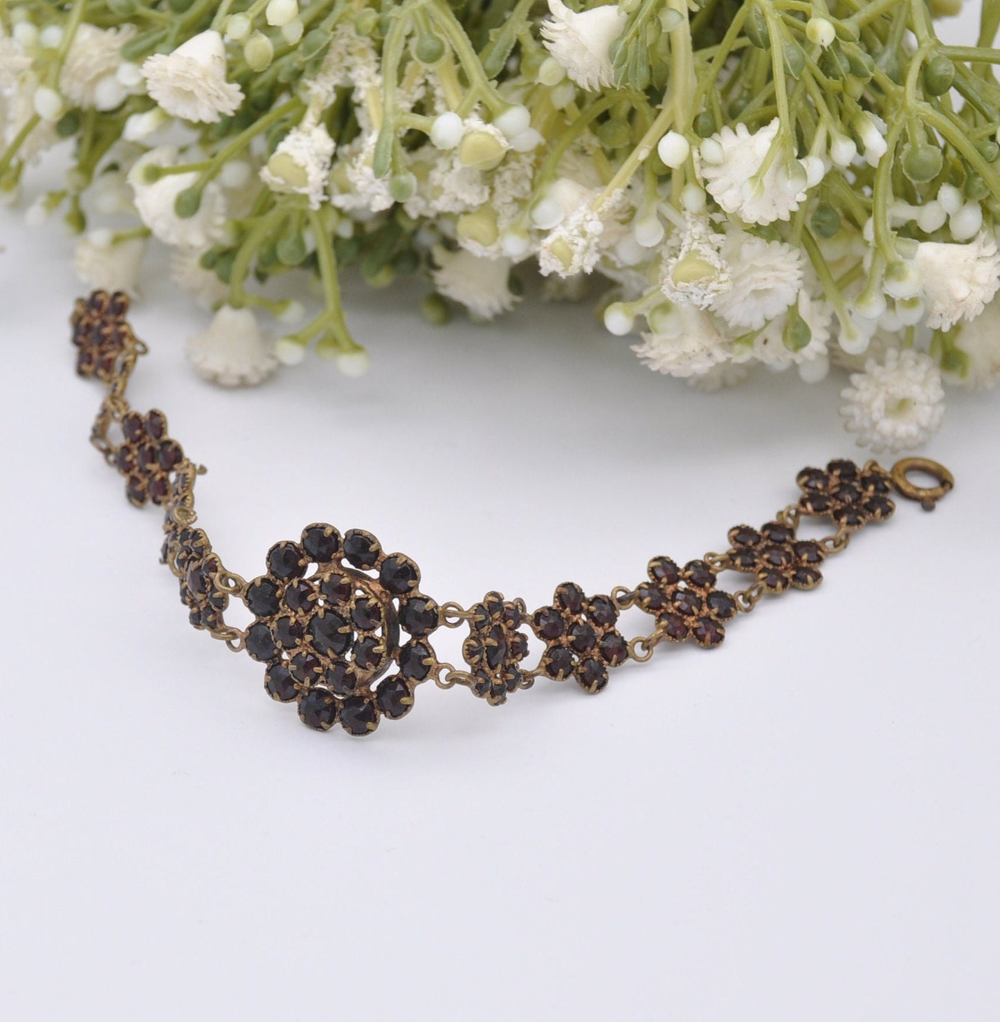 Antique Red Paste Flower Bracelet - Czech Rose Cut Glass Floral Panel Bracelet | Victorian Bohemian Garnet Style