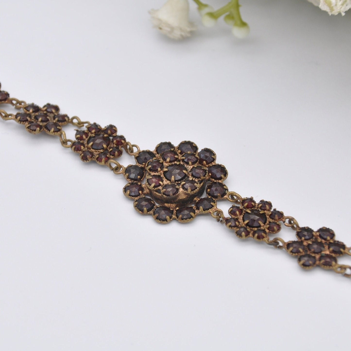 Antique Red Paste Flower Bracelet - Czech Rose Cut Glass Floral Panel Bracelet | Victorian Bohemian Garnet Style