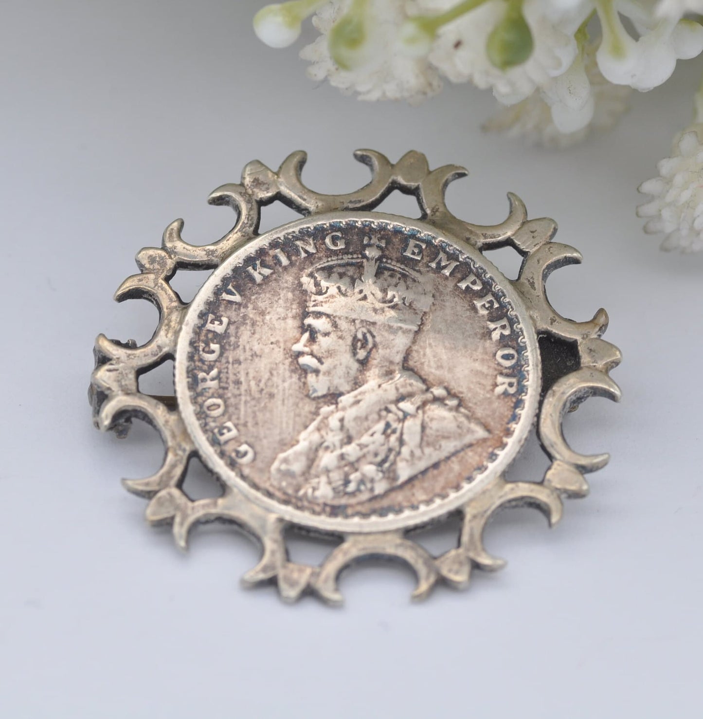 Antique George V Half Rupee Coin Brooch - 1916 Indian Coin Brooch | Sterling Silver