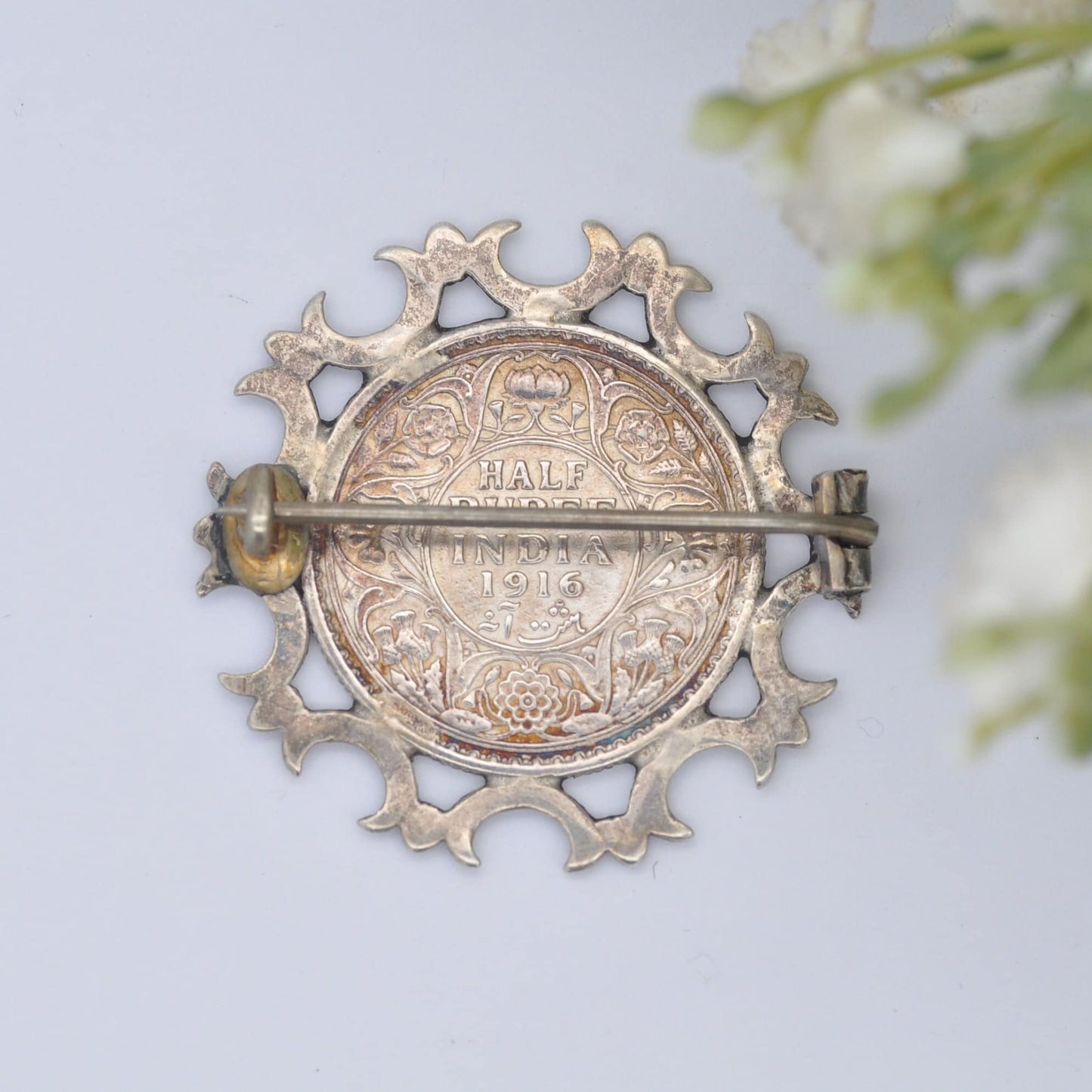 Antique George V Half Rupee Coin Brooch - 1916 Indian Coin Brooch | Sterling Silver