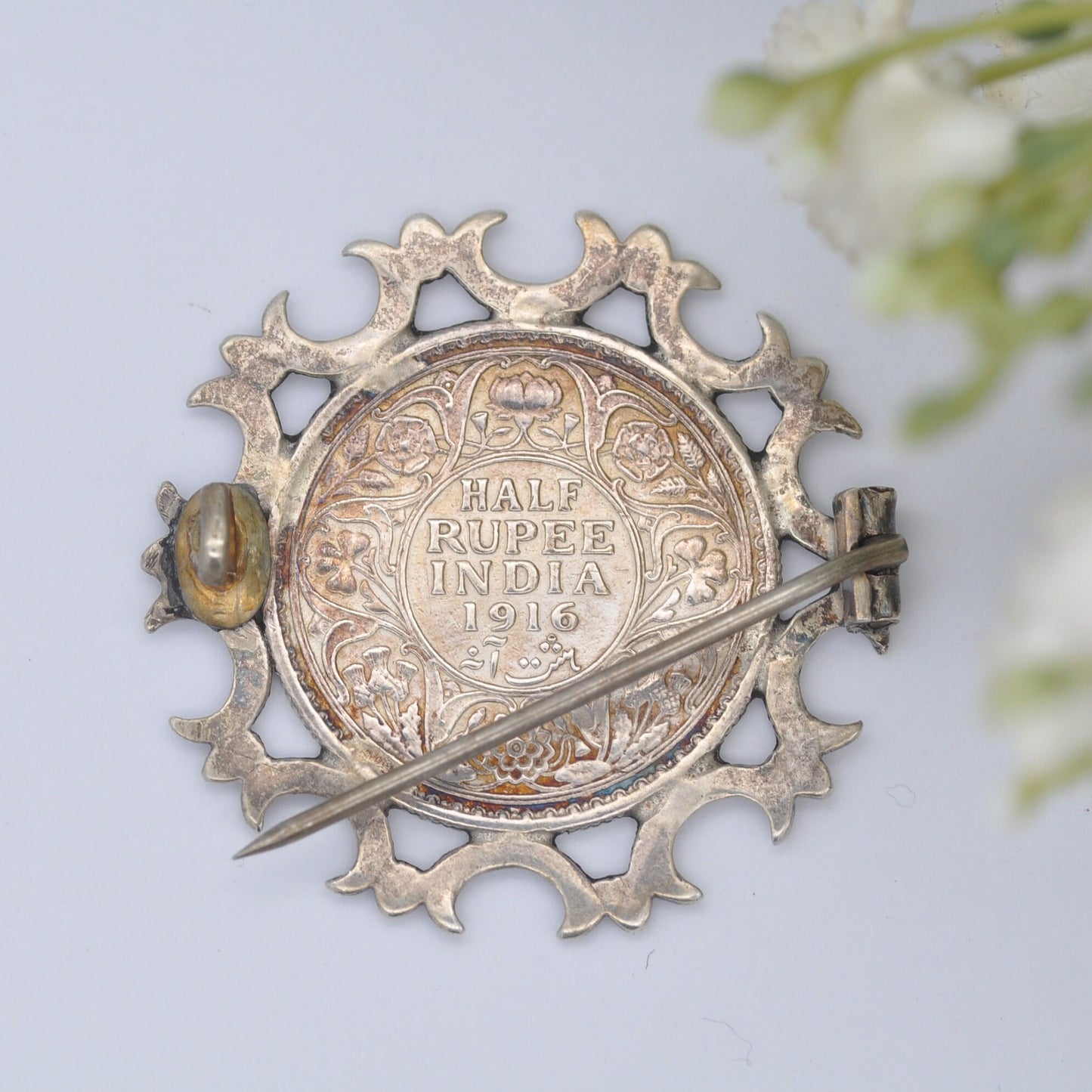 Antique George V Half Rupee Coin Brooch - 1916 Indian Coin Brooch | Sterling Silver