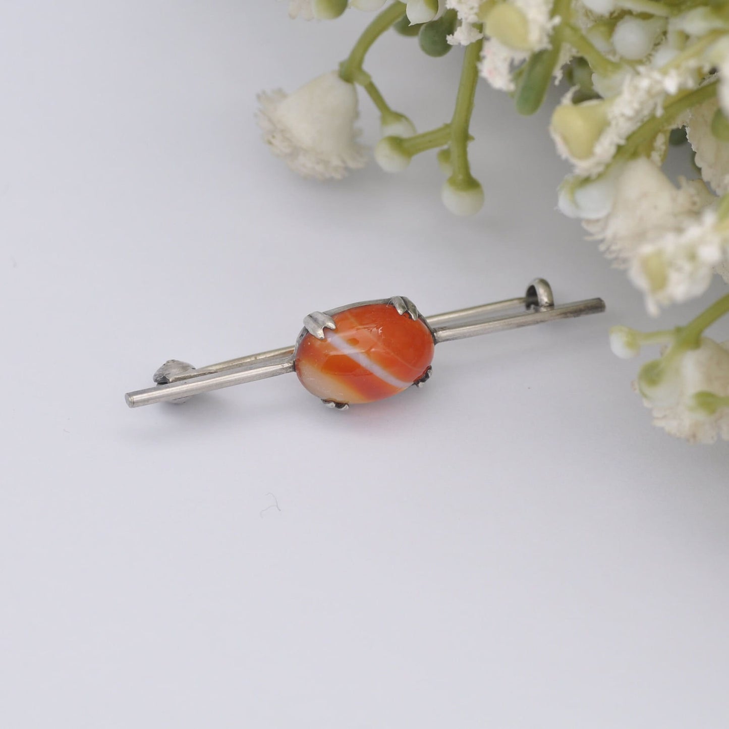 Antique Sterling Silver Red Agate Bar Brooch - Banded Agate | Orange and White