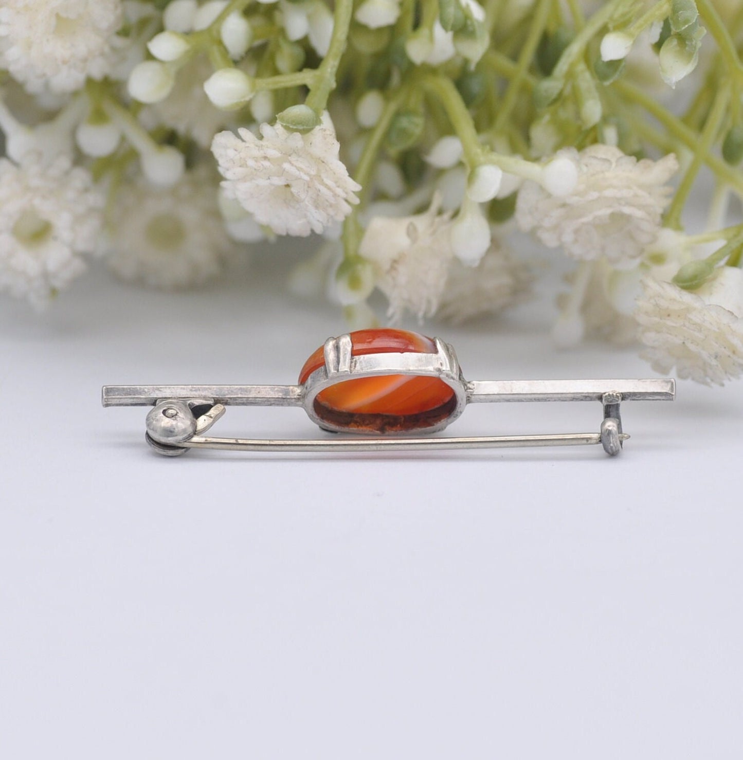 Antique Sterling Silver Red Agate Bar Brooch - Banded Agate | Orange and White
