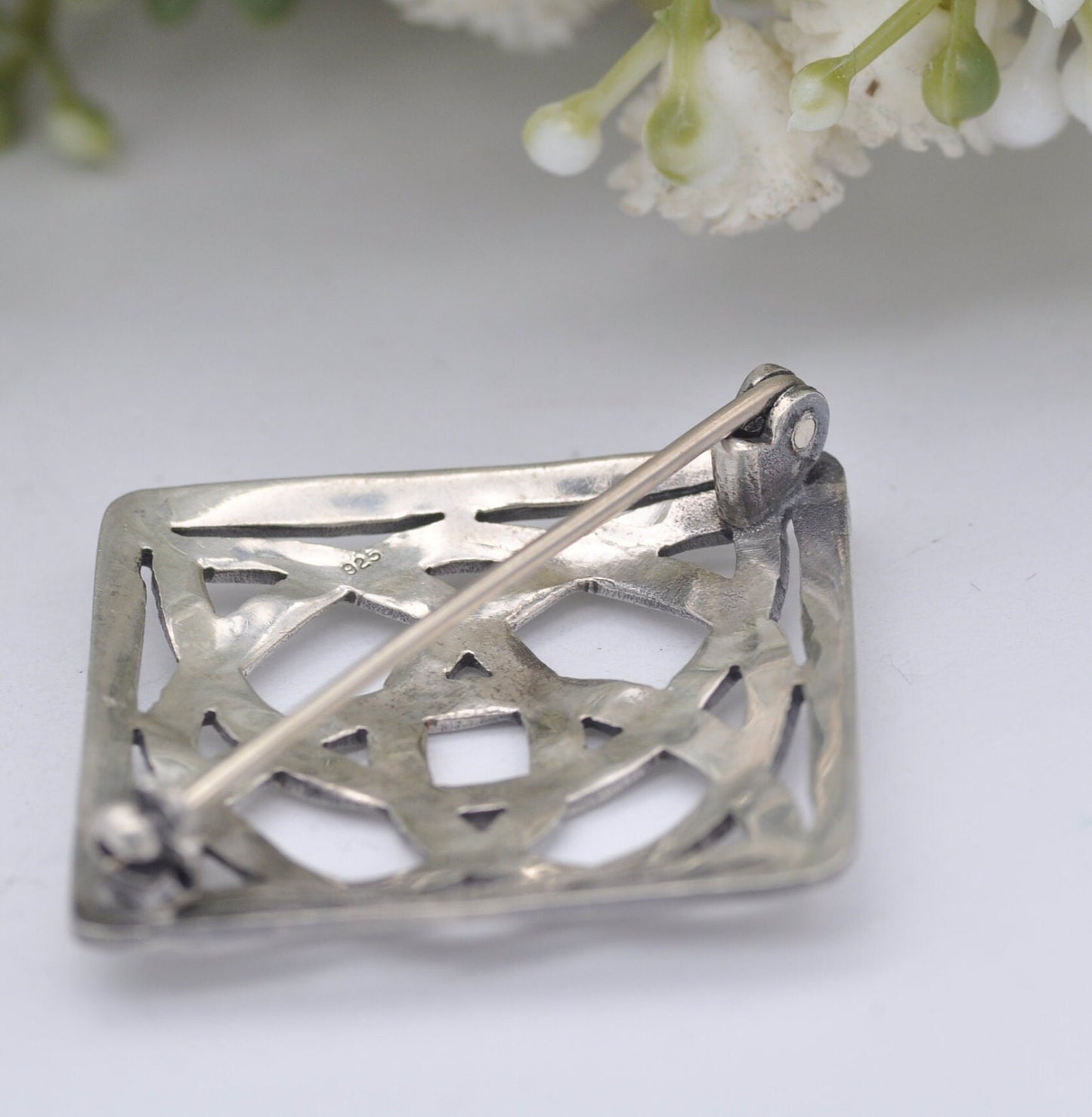 Vintage Sterling Silver Square Celtic Cross Brooch - Openwork Silver Knot