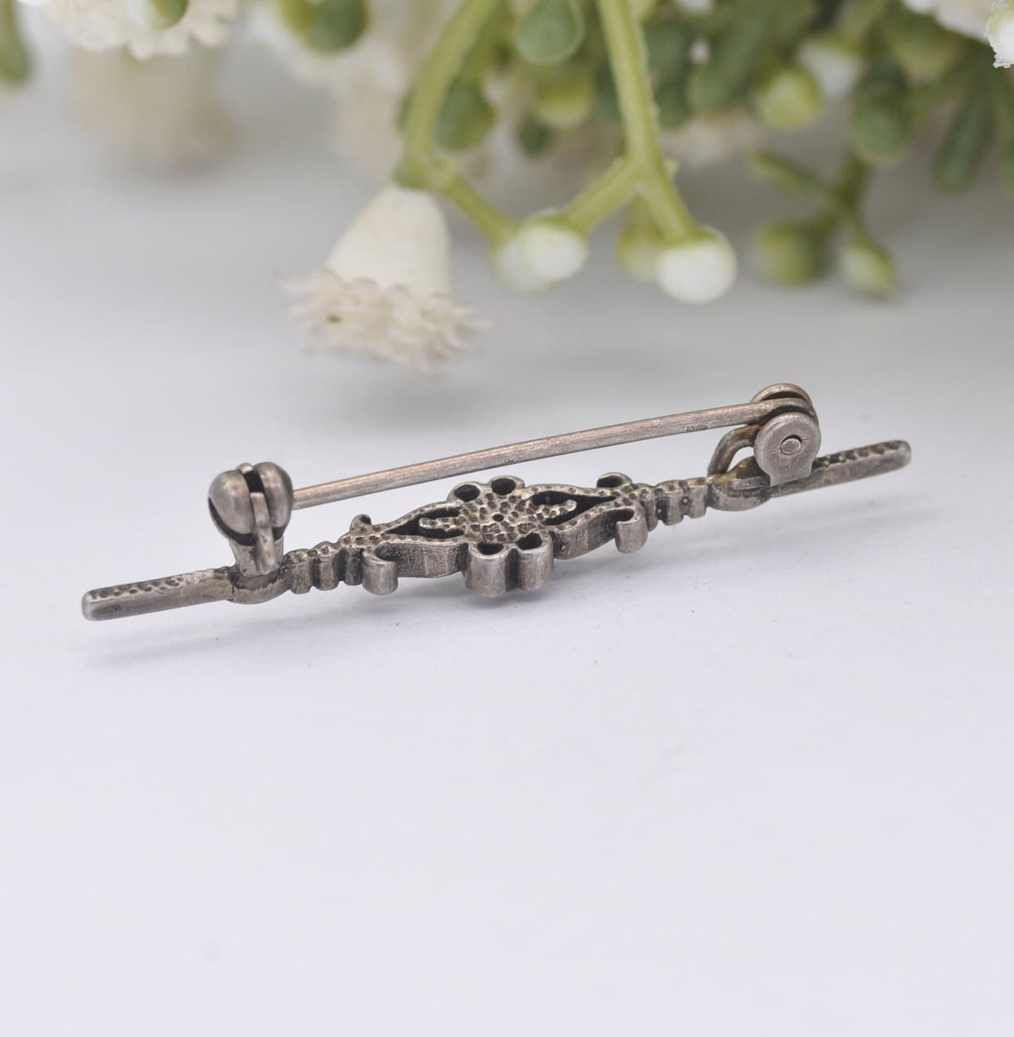 Vintage Sterling Silver Red Crystal Bar Brooch - Ornate Antique Style