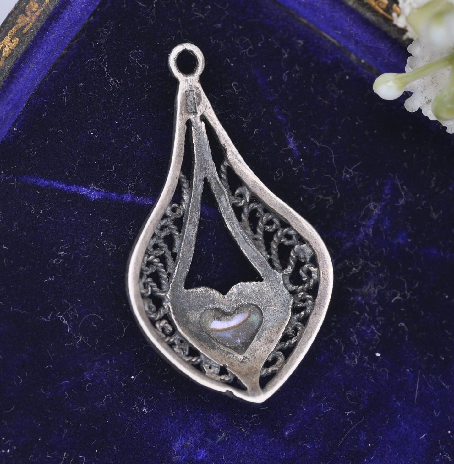 Vintage Sterling Silver Abalone Heart Pendant - Teardrop Shape