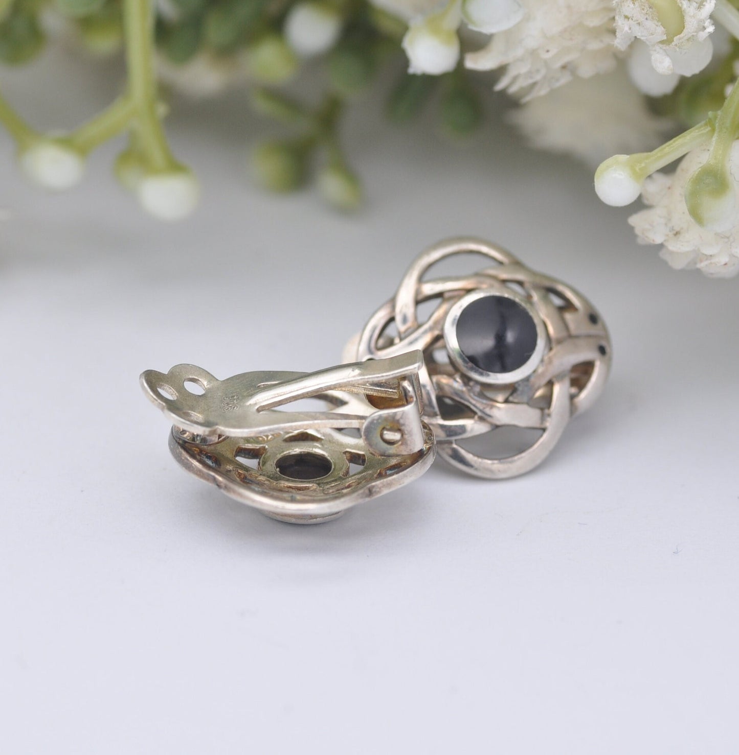 Vintage Kit Heath Sterling Silver Onyx Clip On Earrings - Quatrefoil Celtic Knot Studs