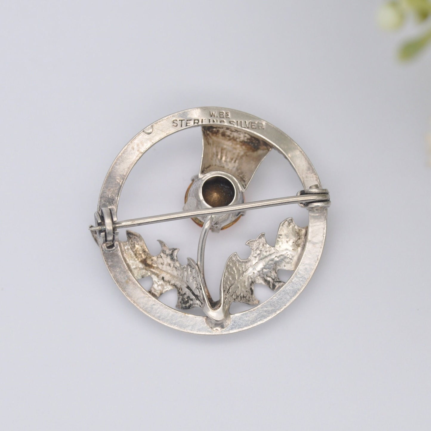 Vintage Ward Brothers Sterling Silver Scottish Thistle Brooch - Citrine Paste Stone