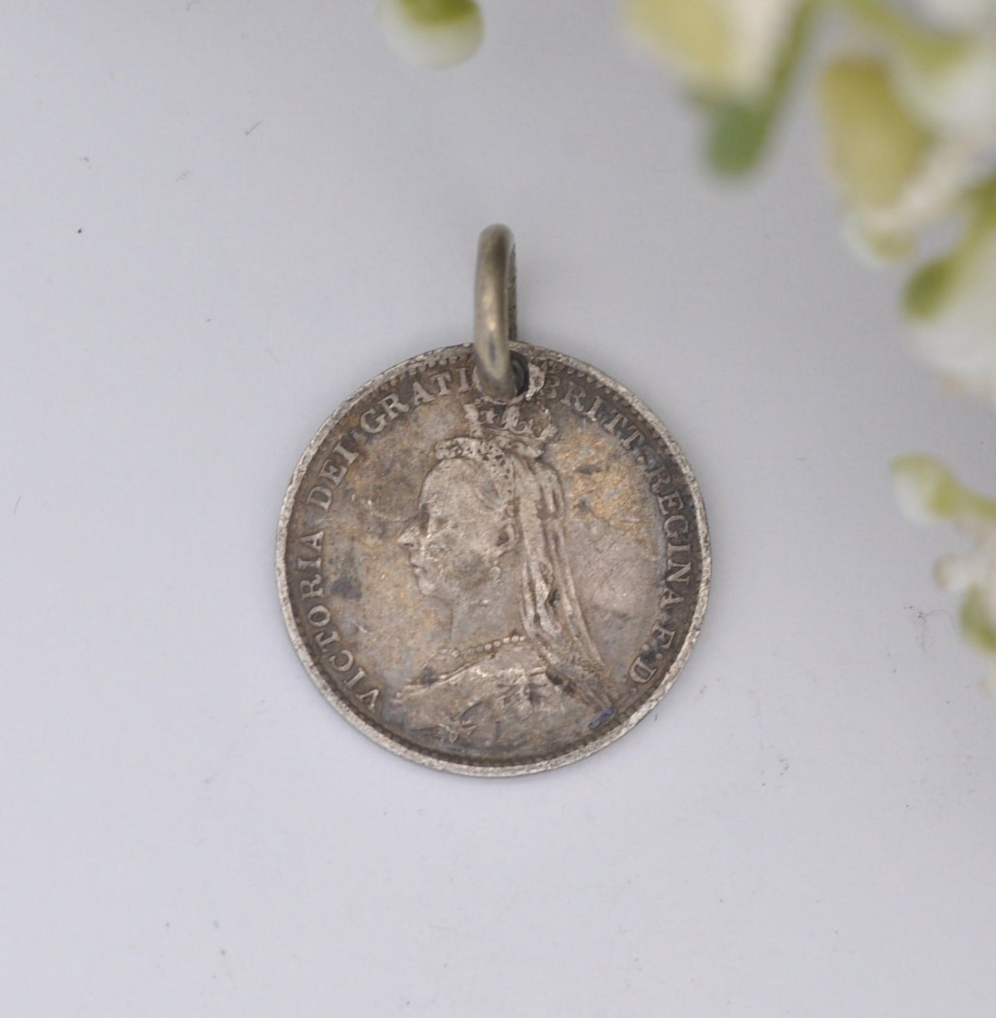 Antique Victorian Silver Three Pence 1887 Coin Charm Pendant - Victoria Silver Coin Jewellery