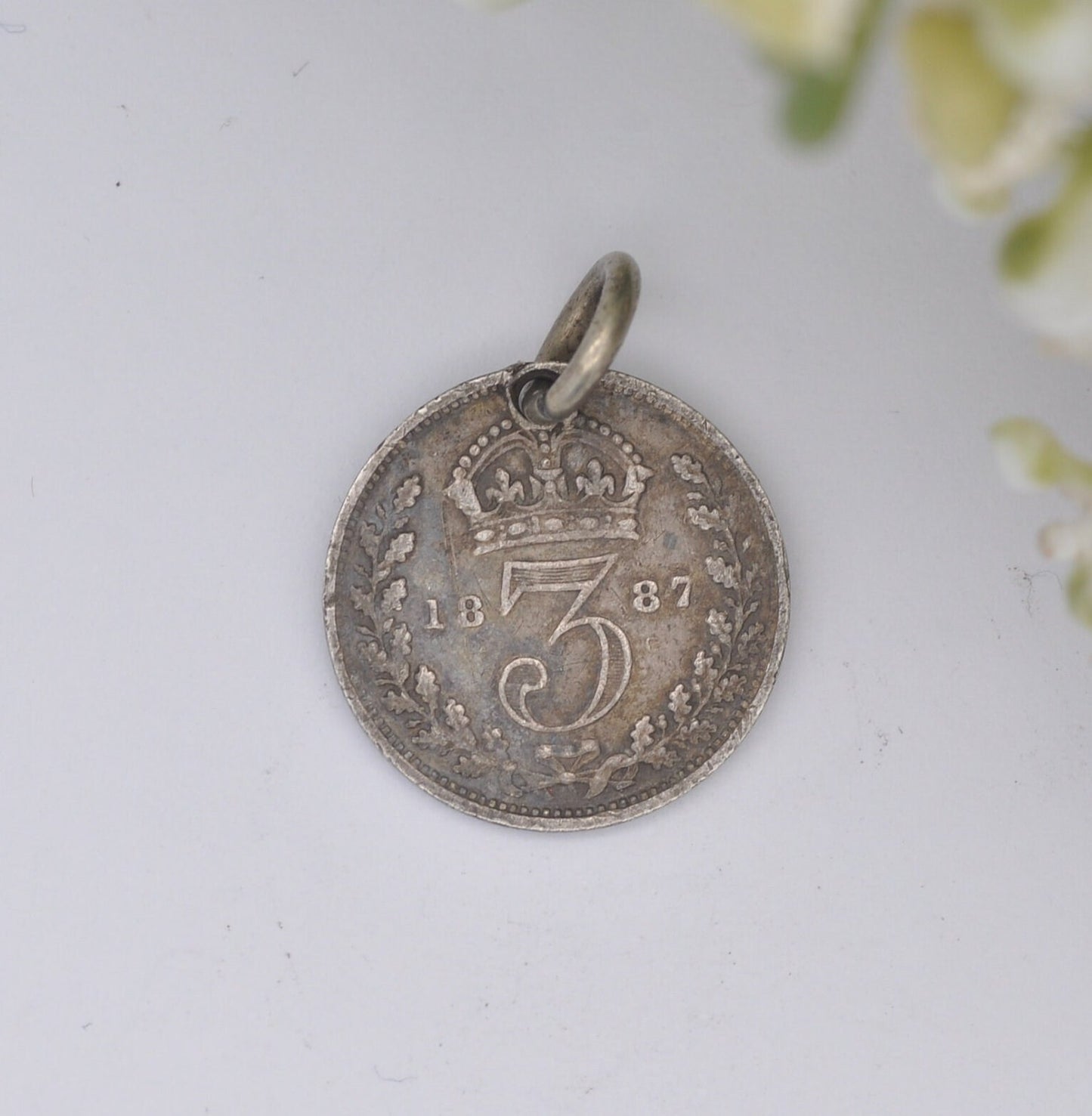 Antique Victorian Silver Three Pence 1887 Coin Charm Pendant - Victoria Silver Coin Jewellery