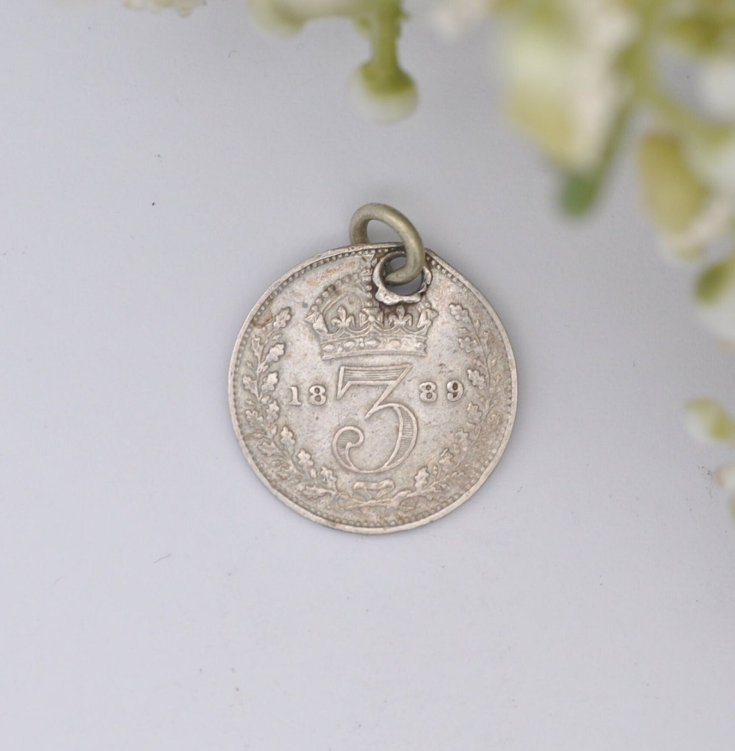 Antique Victorian Silver Three Pence 1889 Coin Charm Pendant - Victorian Silver Coin Jewellery