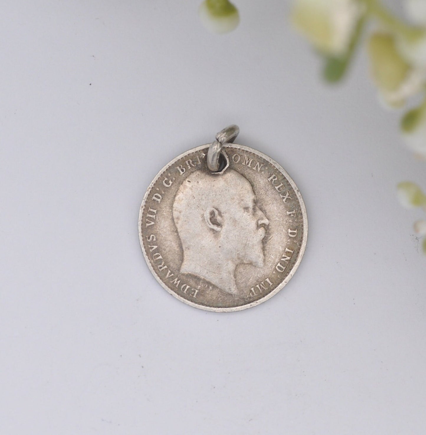 Antique Silver Edward VII Threepence Coin 1908 Charm Pendant - Silver Coin Jewellery